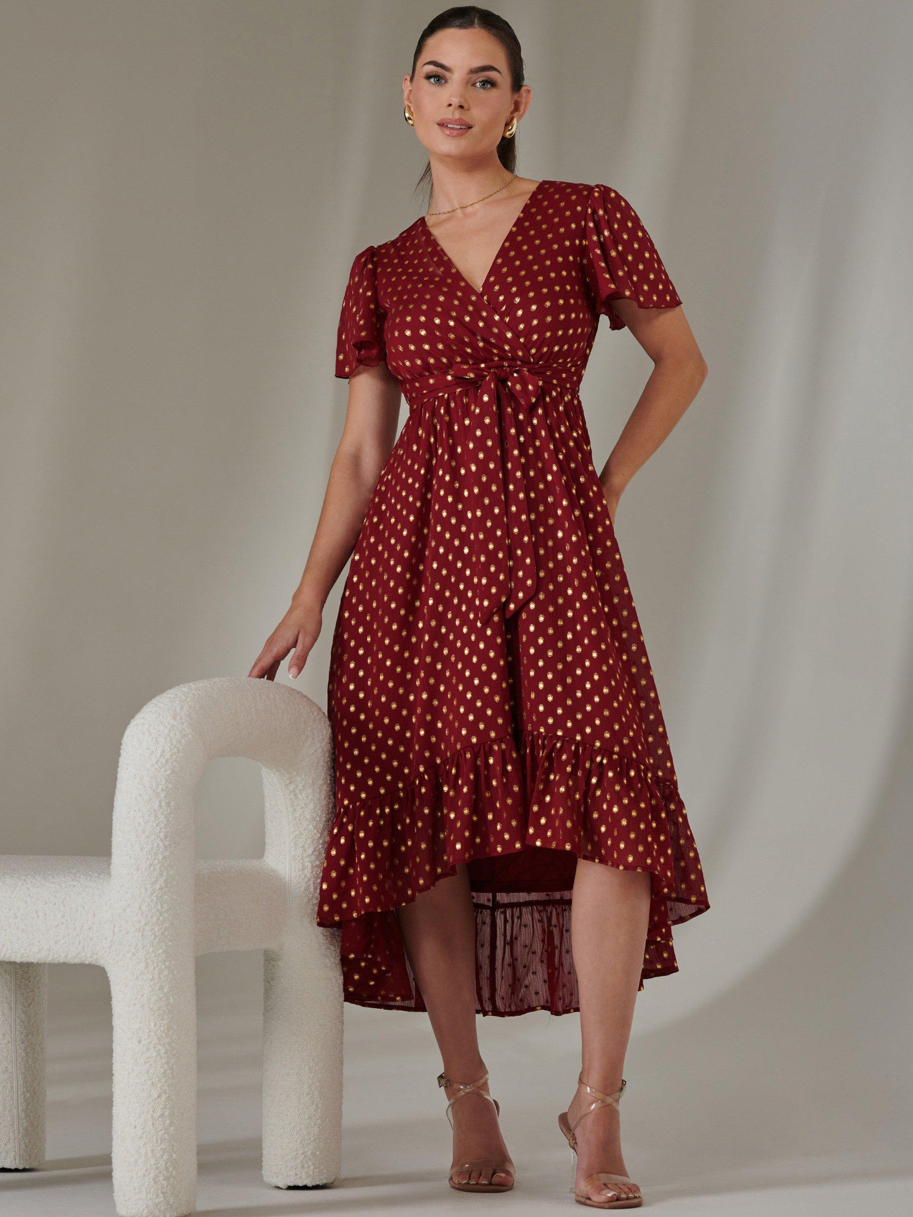 Jolie Moi Petite Metallic Midaxi Chiffon Dress, Burgundy