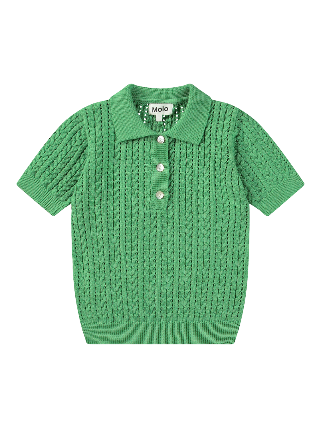 Product image 1 of 4, which shows Molo Kids' Knitted Organic Cotton Polo Top, Jungle Power, 3-4 years