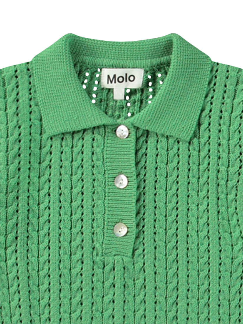 Product image 3 of 4, which shows Molo Kids' Knitted Organic Cotton Polo Top, Jungle Power, 3-4 years