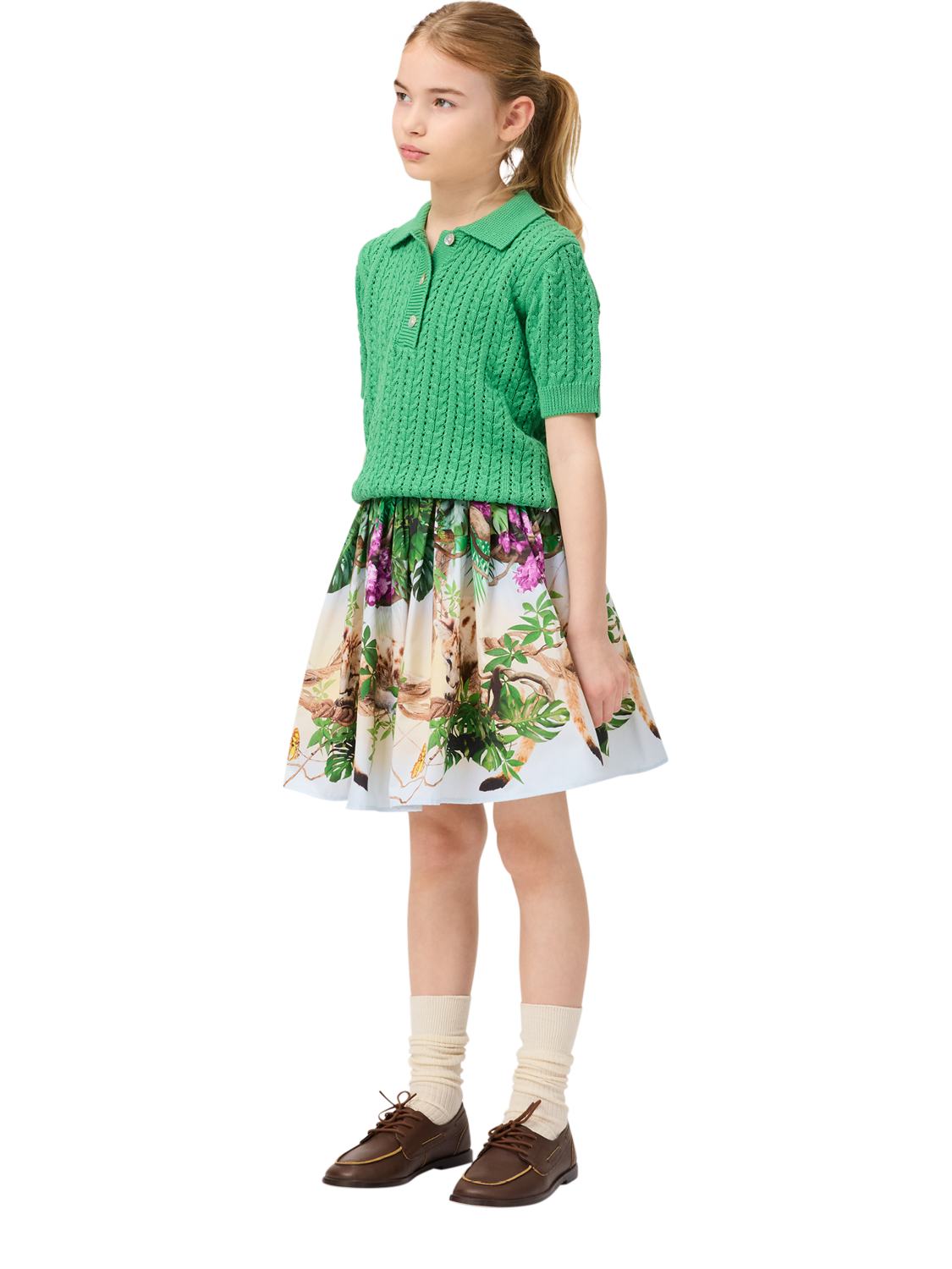 Product image 4 of 4, which shows Molo Kids' Knitted Organic Cotton Polo Top, Jungle Power, 3-4 years