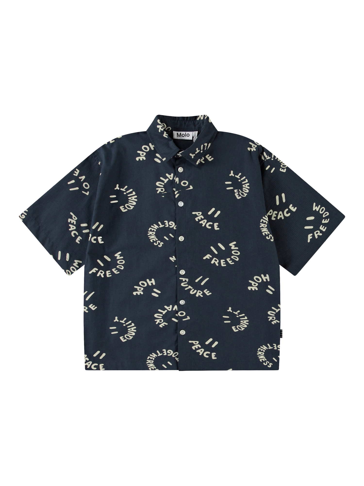 Product image 1 of 3, which shows Molo Kids' Richie Smile Words Shirt, Navy, 3-4 years