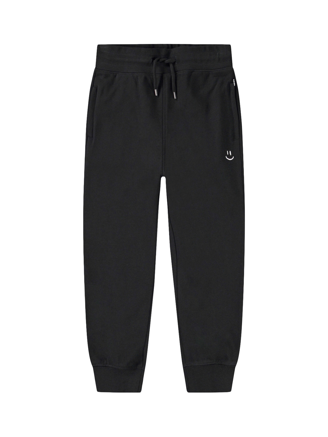 Product image 1 of 3, which shows Molo Kids' Alvar Embroidered Face Pure Organic Cotton Joggers, Black, 5 years