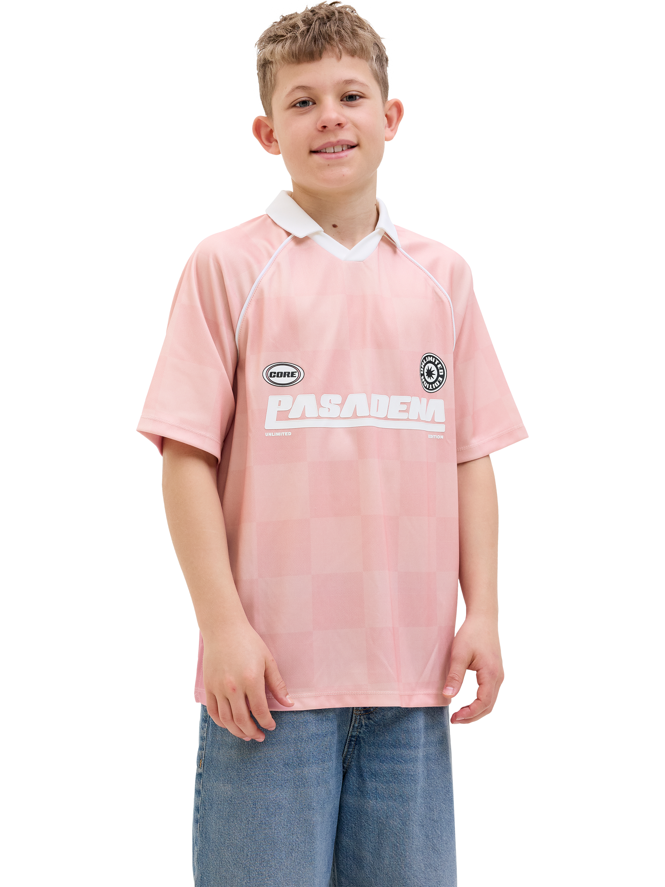 Product image 1 of 1, which shows Jack & Jones Kids' Mesh Open Collar Top, Pink Icing, 8 years