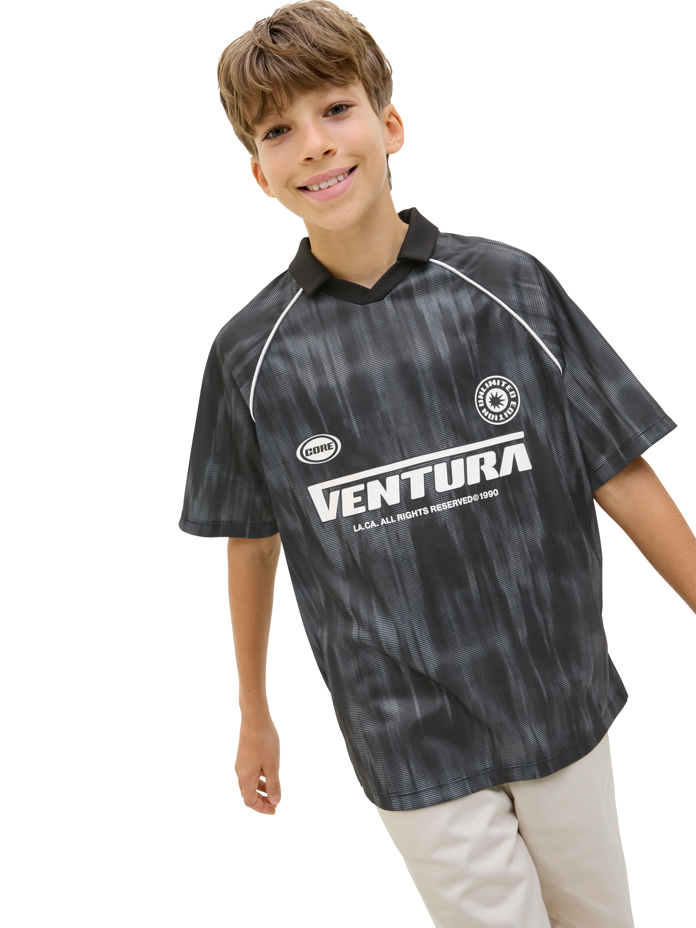 Product image 1 of 1, which shows Jack & Jones Kids' Mesh Open Collar Top, Black Asphalt, 8 years