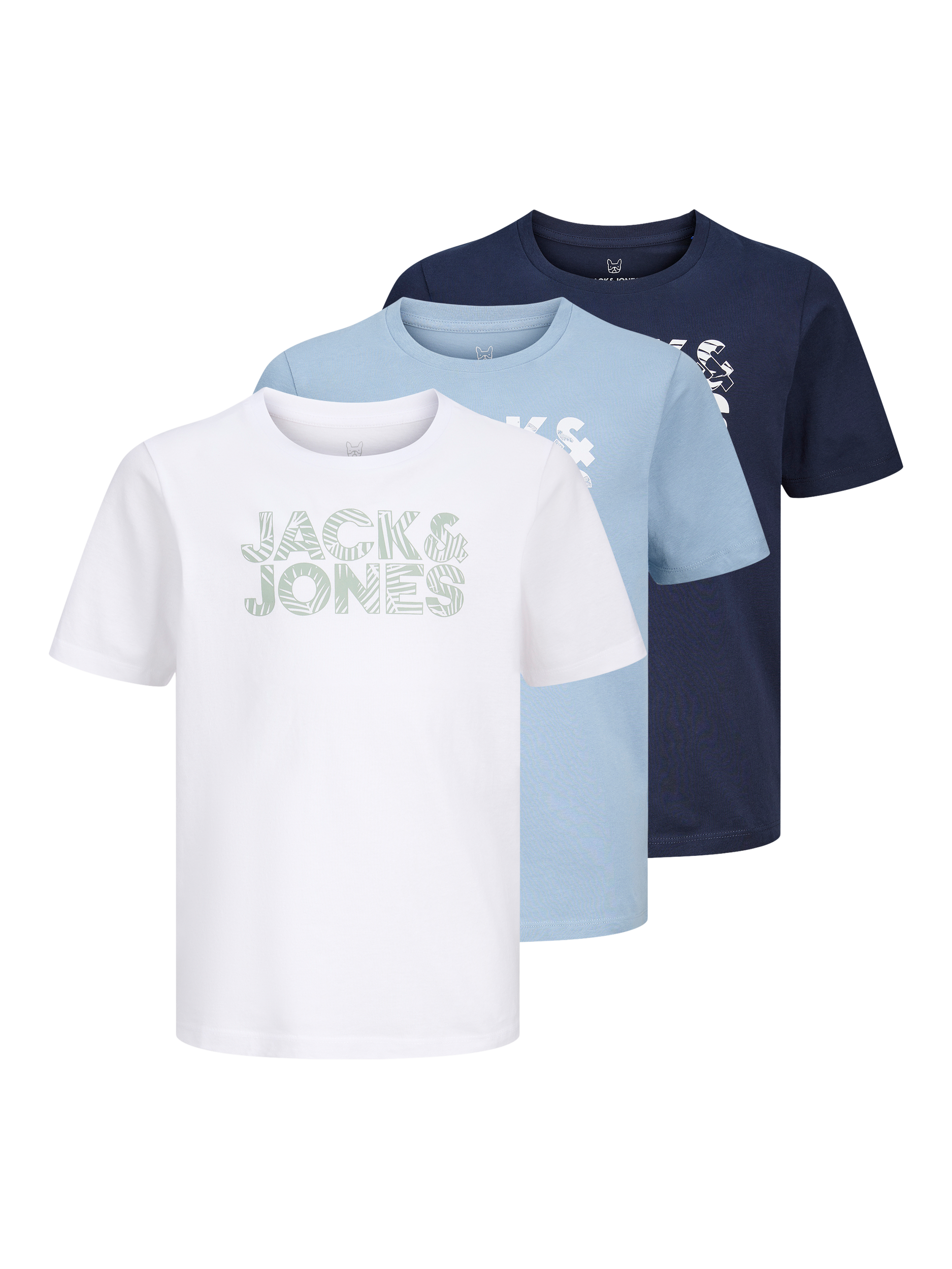 Jack & Jones Kids' Cotton Logo Short Sleeve T-Shirt, Pack of 3, Blue/Navy/White