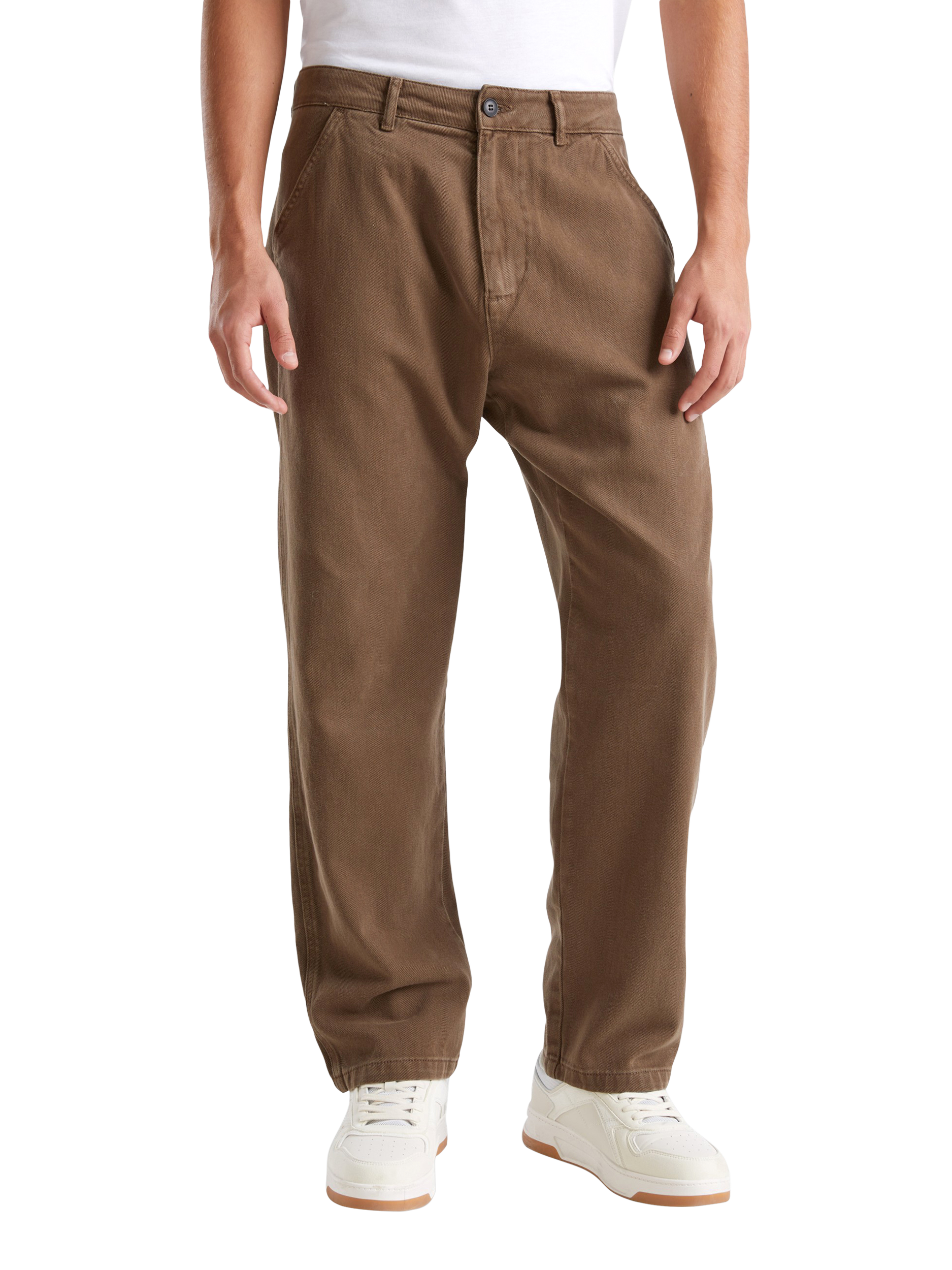 Benetton Diagonal Weave Cotton Straight Leg Trousers, Coffee