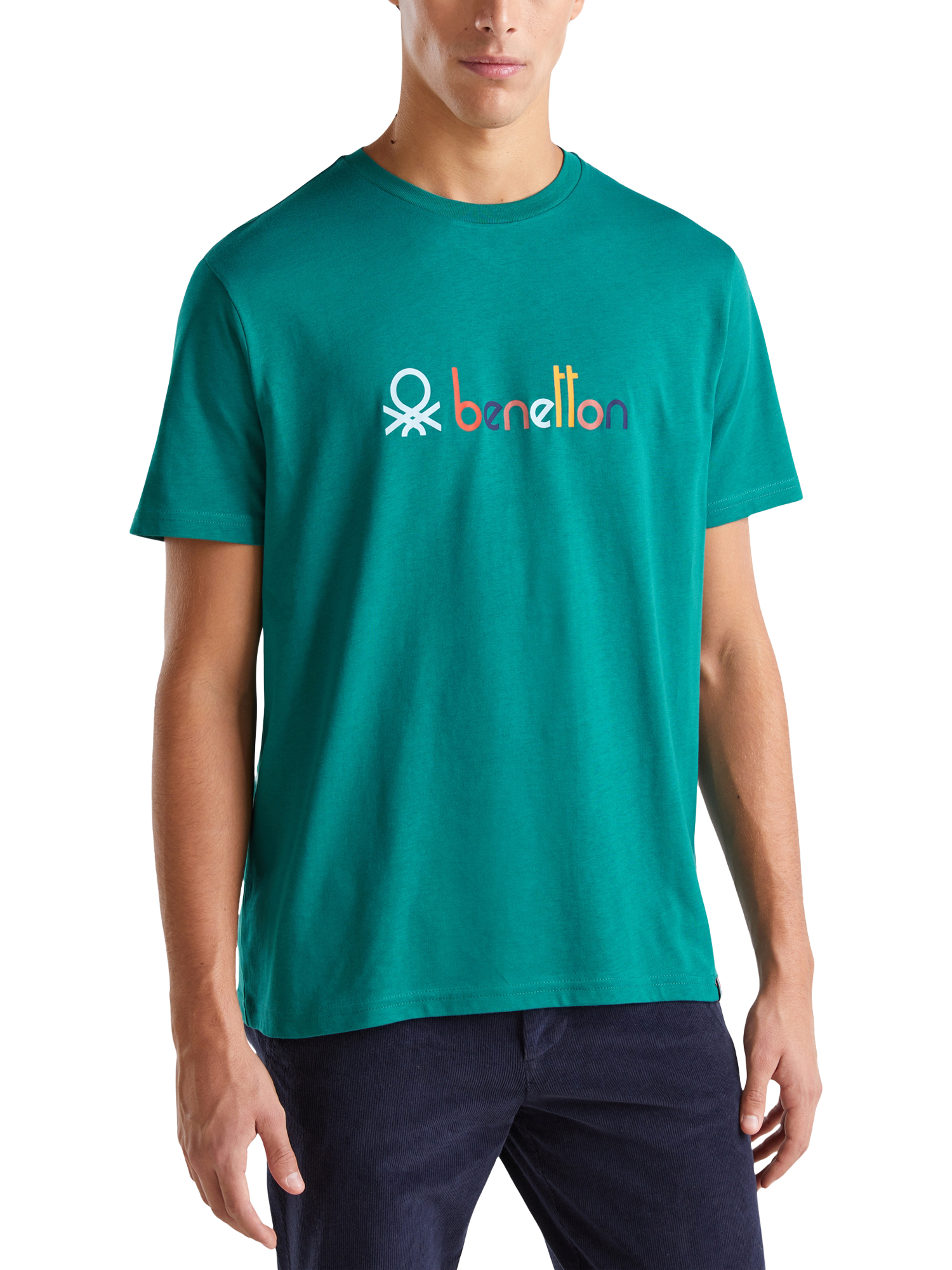 Benetton Cotton Regular Fit Short Sleeve Graphic T-Shirt, Turquoise