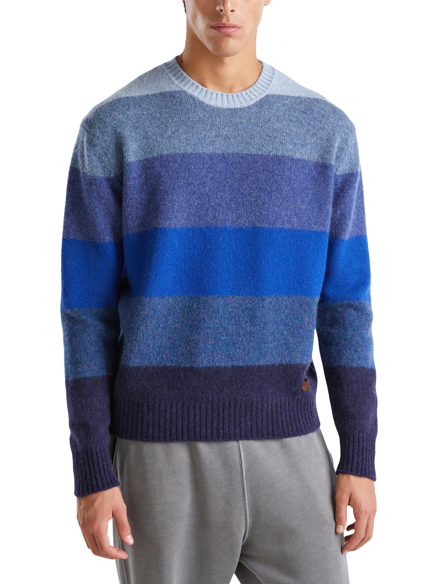 Benetton Stripe Brushed Wool Crew Neck Sweater, Blue/Multi