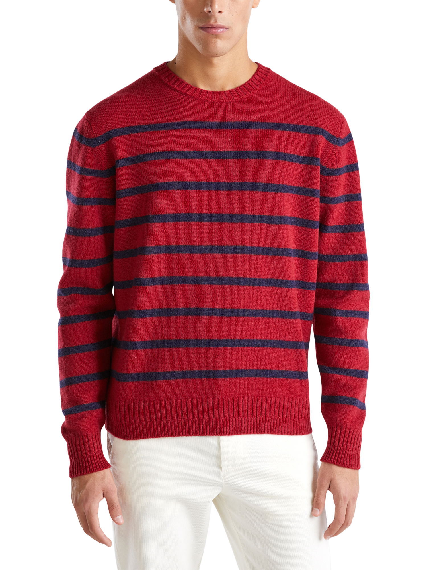 Benetton Wool Plain Knit Striped Crew Neck Jumper, Red/Navy