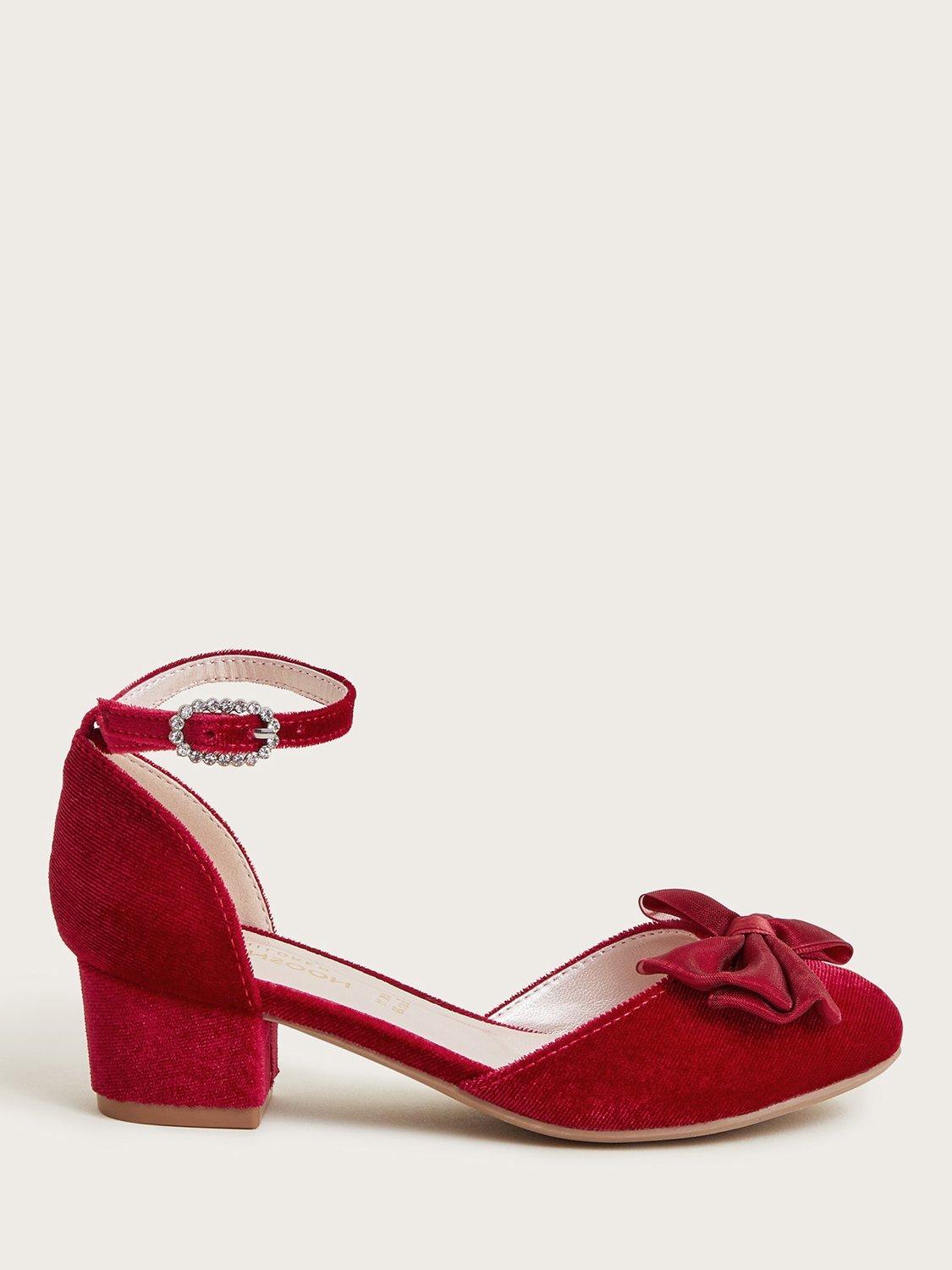 Monsoon Kids' Kali Velvet Bow Heeled Shoes, Red