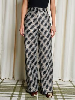 GHOSPELL Morven Check Bias Cut Straight Leg Trousers, Black Print, Black Print