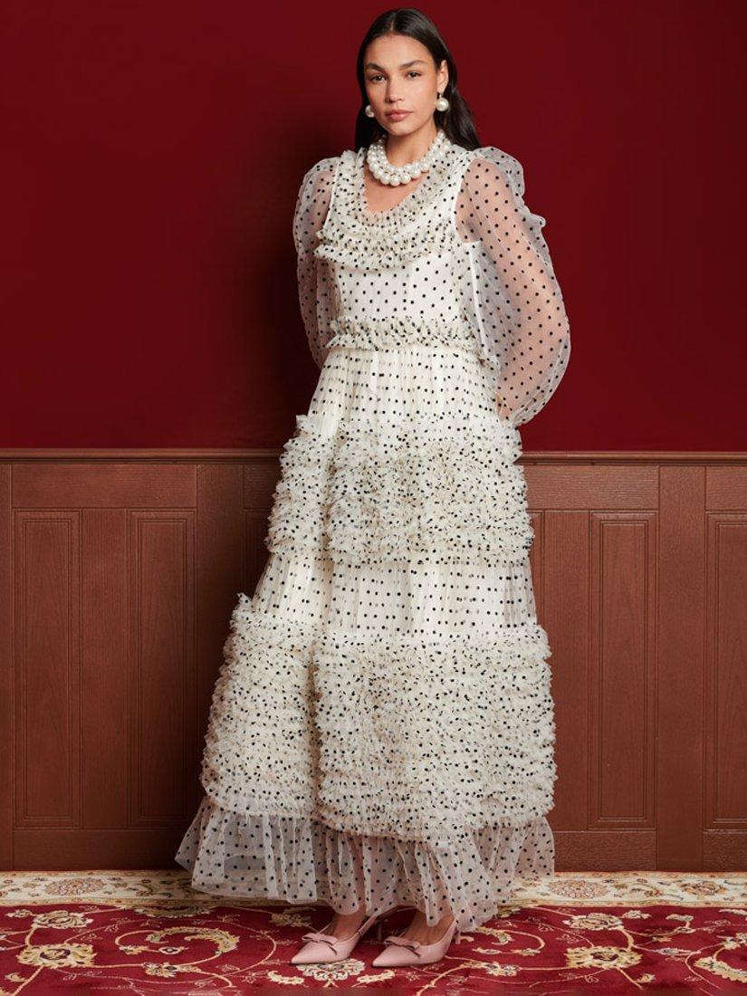 Product image 2 of 6, which shows Sister Jane Dream Countess Flocked Spot Ruffle Tulle Maxi Dress, Crm, 8