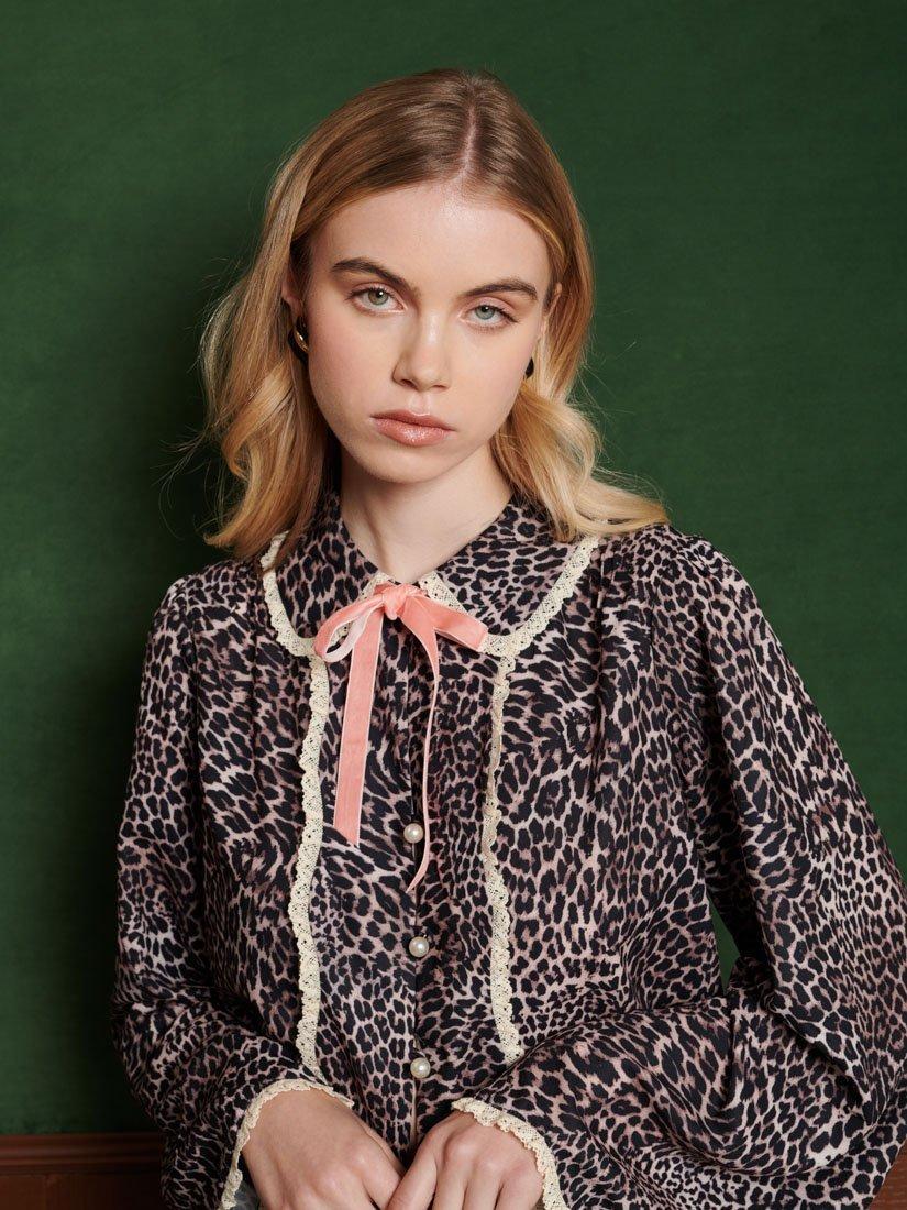 Product image 5 of 6, which shows Sister Jane Lennox Lace Ruffle Trim Leopard Print Blouse, Brown/Multi, 6