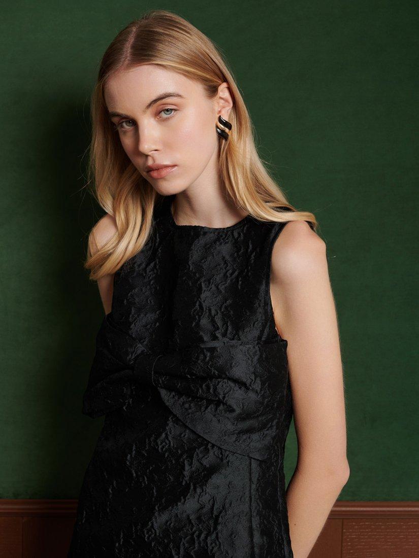 Product image 5 of 6, which shows Sister Jane Frieze Jacquard Bow Mini Dress, Blk, 6