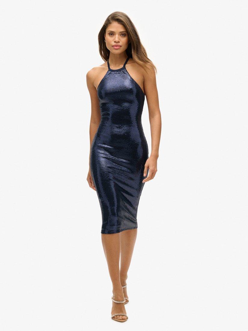 Product image 1 of 4, which shows Superdry Sequin Halter Neck Midi Dress, Navy, 8