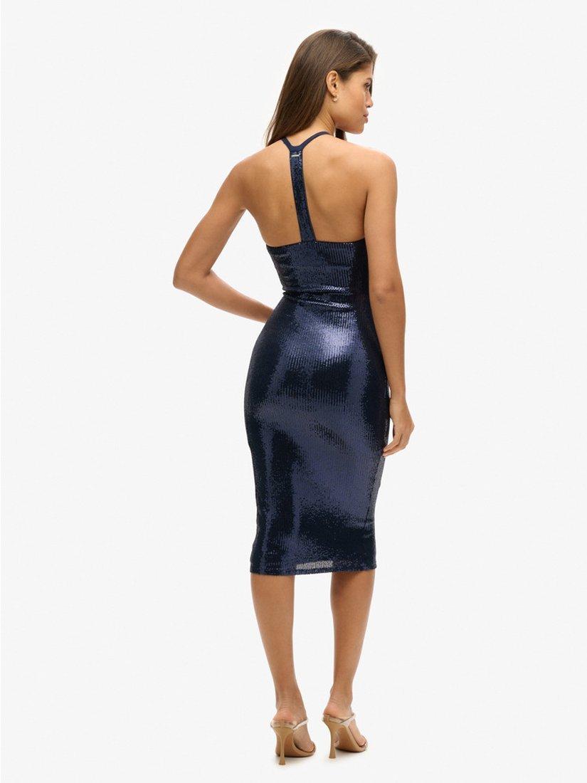 Product image 2 of 4, which shows Superdry Sequin Halter Neck Midi Dress, Navy, 8