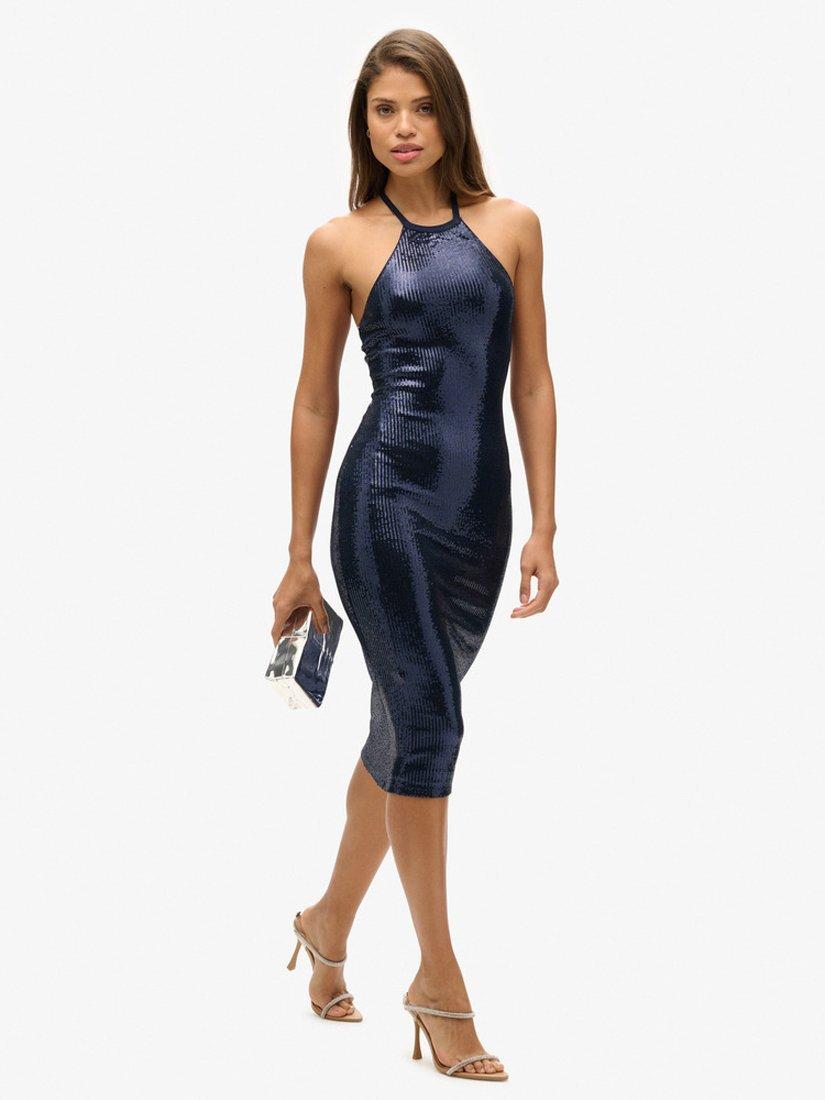 Product image 3 of 4, which shows Superdry Sequin Halter Neck Midi Dress, Navy, 8