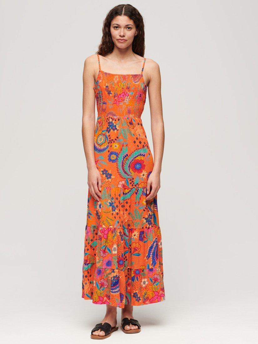 Superdry Smocked Cami Maxi Dress, Orange/Multi