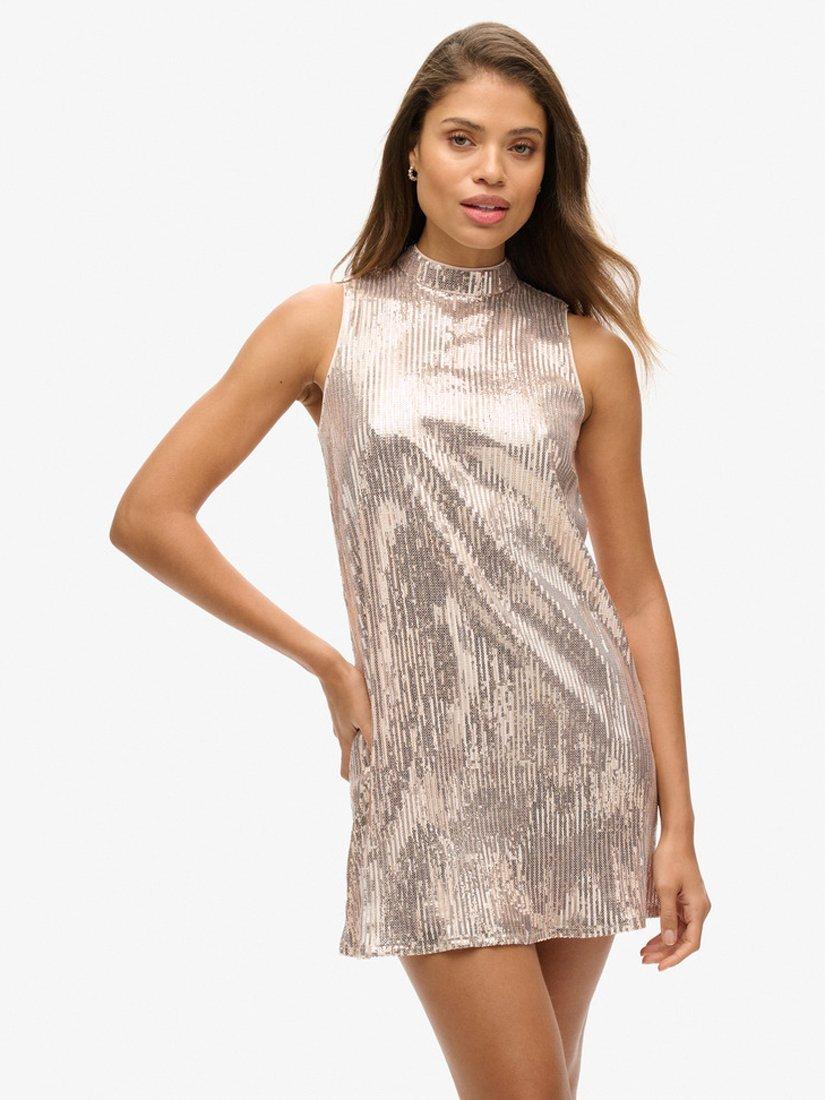 Product image 1 of 6, which shows Superdrey Sleeveless Sequin A-Line Mini Dress, Champagne, 8