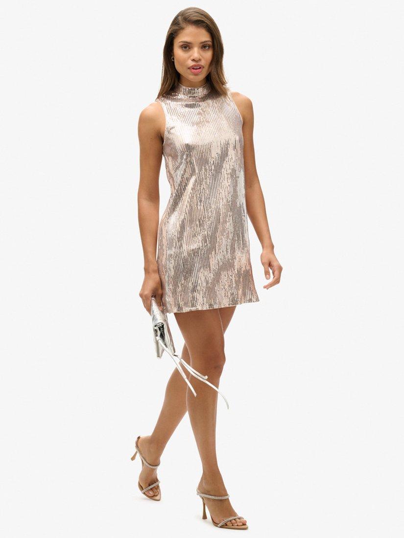 Product image 3 of 6, which shows Superdrey Sleeveless Sequin A-Line Mini Dress, Champagne, 8