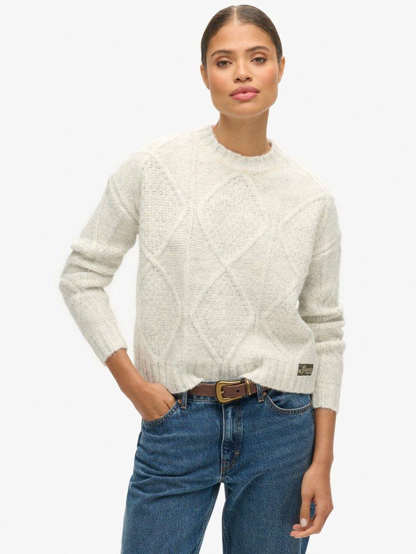 Product image 1 of 4, which shows Superdry Chunky Cable Knit Jumper, Ice Marl Grey, 8