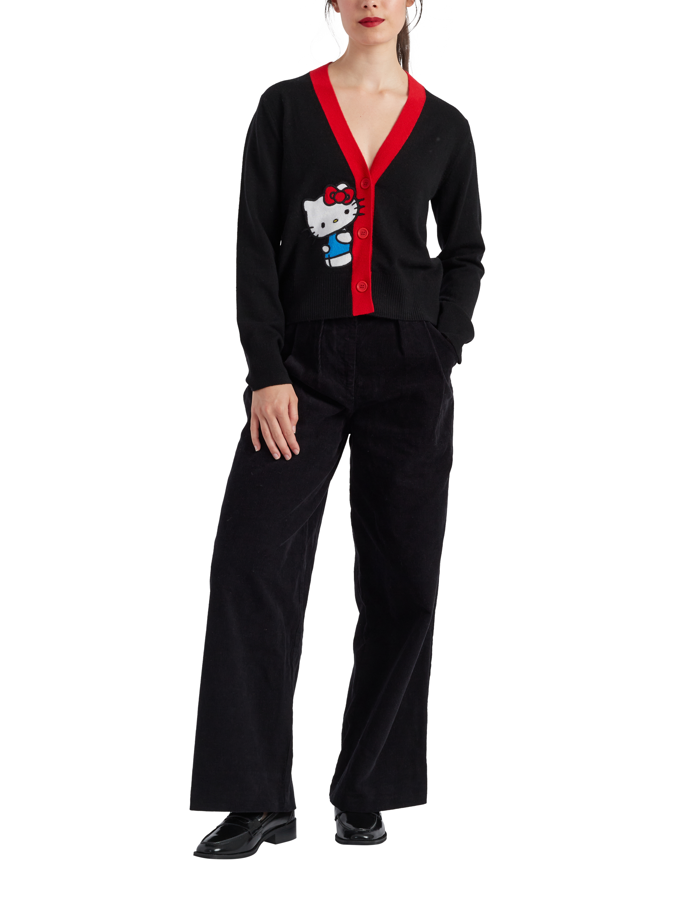 Product image 1 of 4, which shows Chinti & Parker X Hello Kitty Wool Cashmere Contrast Trim Cardigan, Black, XS