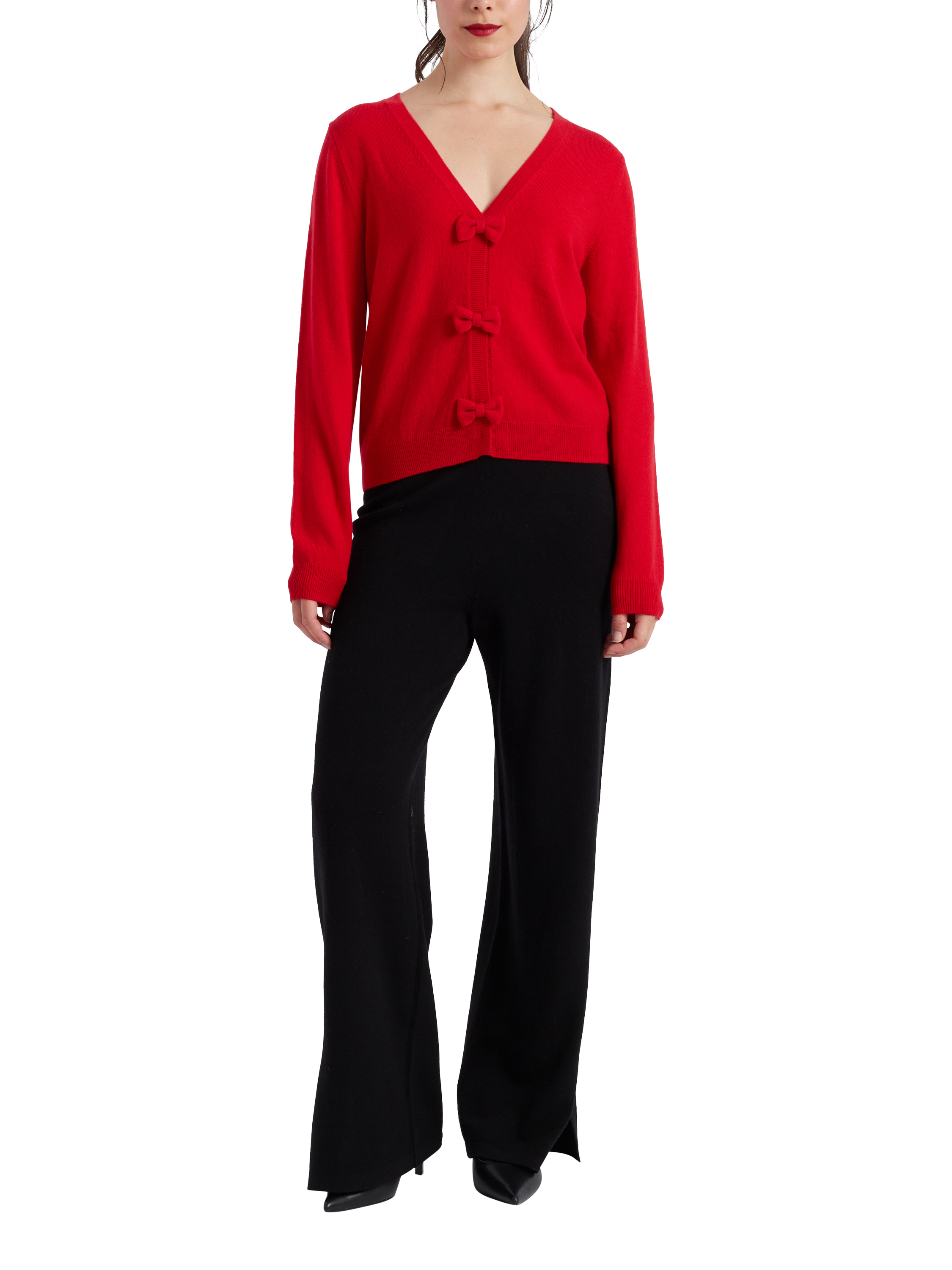 Product image 1 of 5, which shows Chinti & Parker X Hello Kitty Wool Cashmere Bow Cardigan, Velvet Red, XS