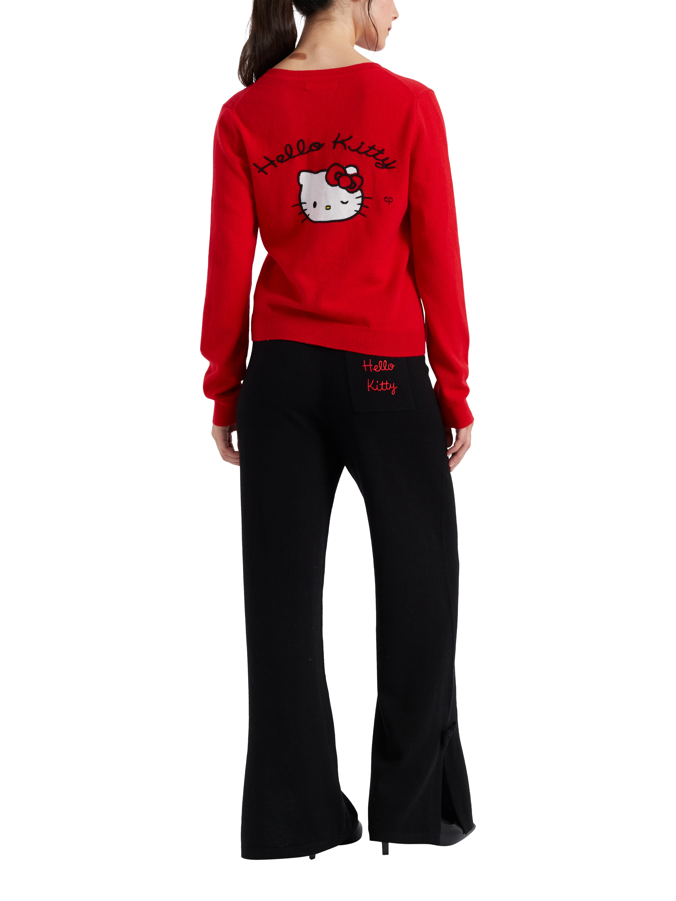 Product image 2 of 5, which shows Chinti & Parker X Hello Kitty Wool Cashmere Bow Cardigan, Velvet Red, XS