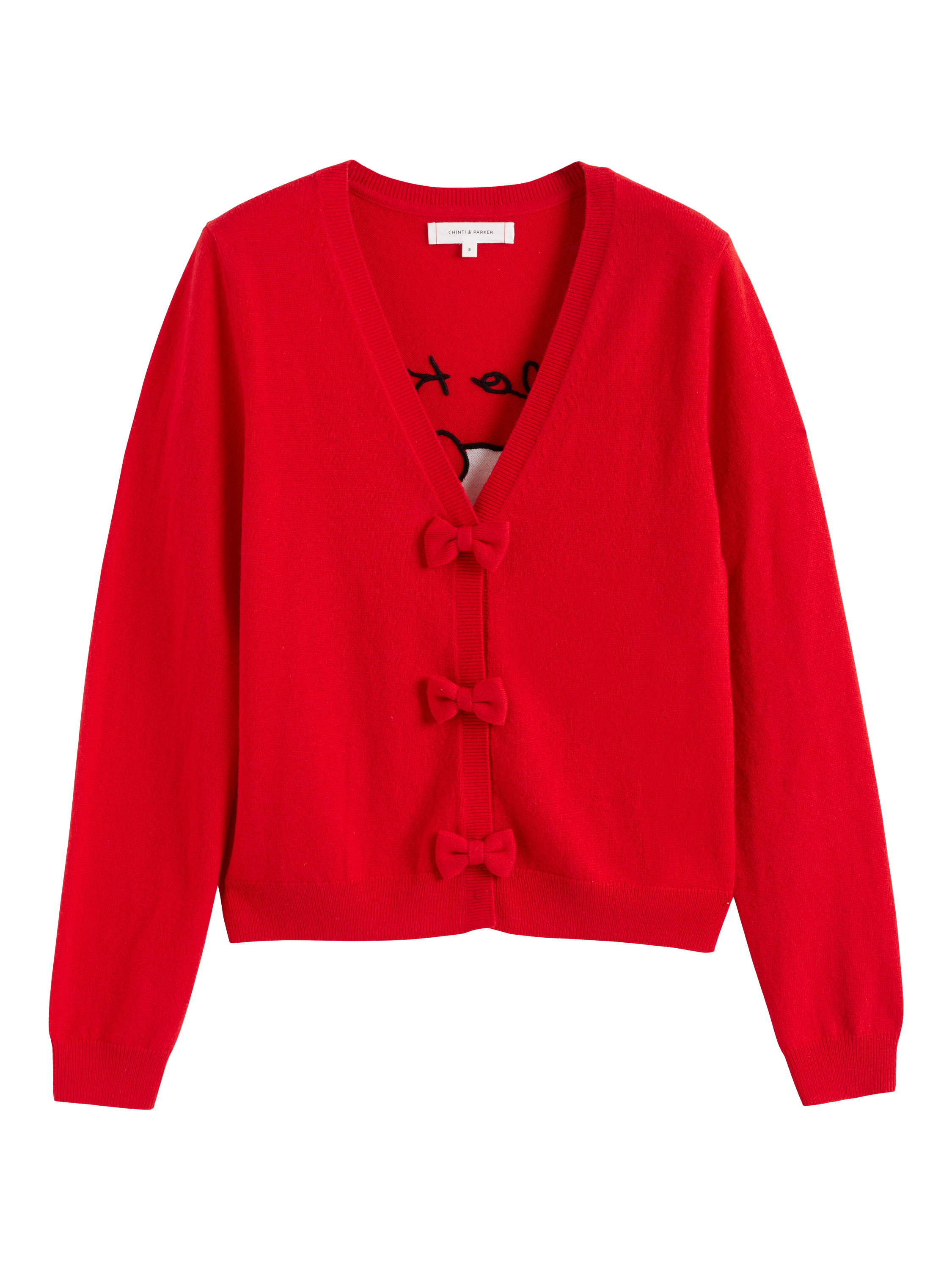 Product image 3 of 5, which shows Chinti & Parker X Hello Kitty Wool Cashmere Bow Cardigan, Velvet Red, XS