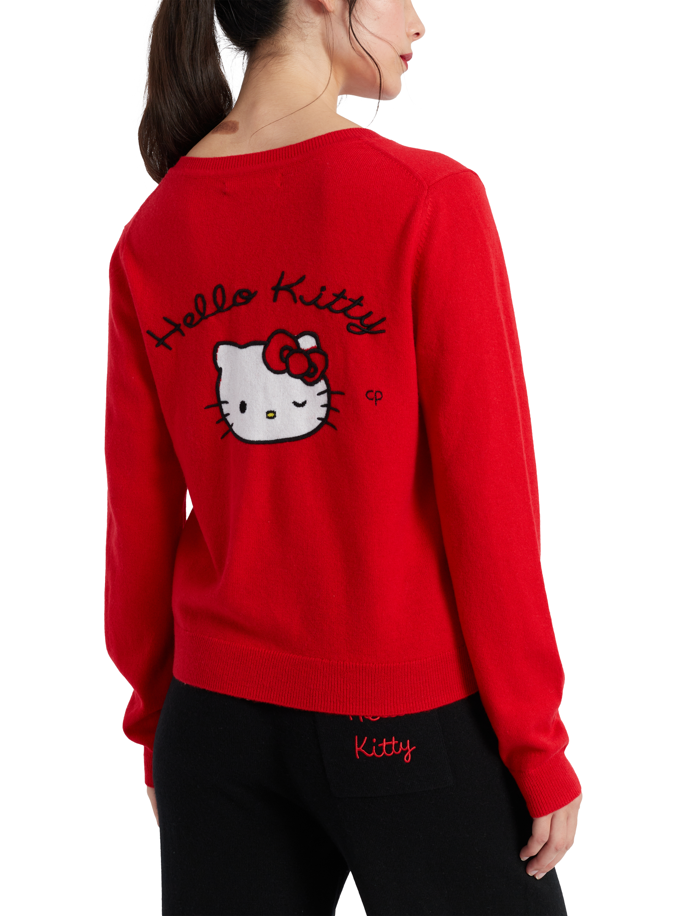 Product image 4 of 5, which shows Chinti & Parker X Hello Kitty Wool Cashmere Bow Cardigan, Velvet Red, XS