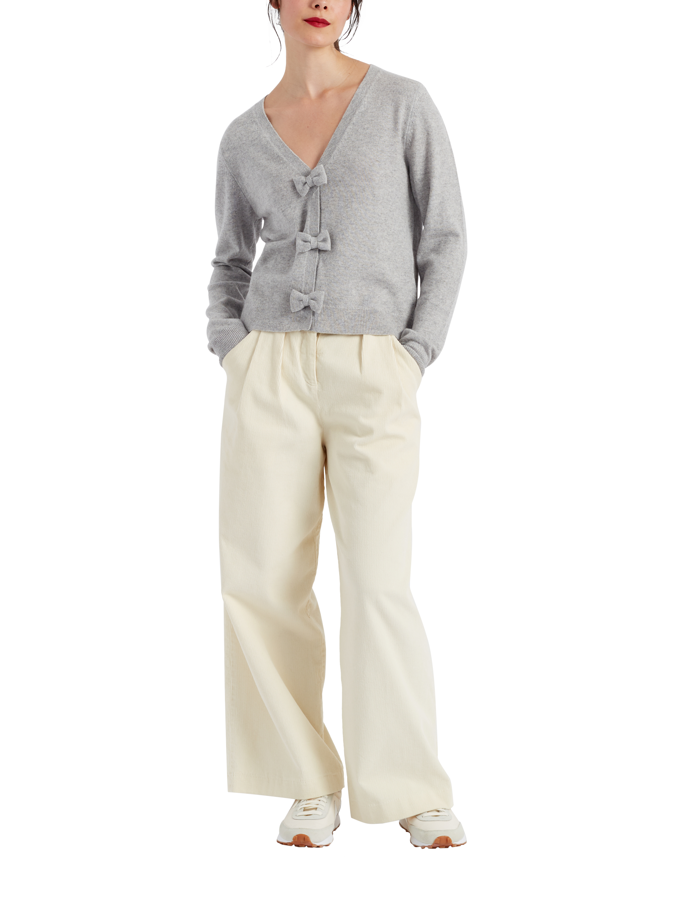 Product image 1 of 3, which shows Chinti & Parker X Hello Kitty Wool Cashmere Bow Cardigan, Light Grey, XS