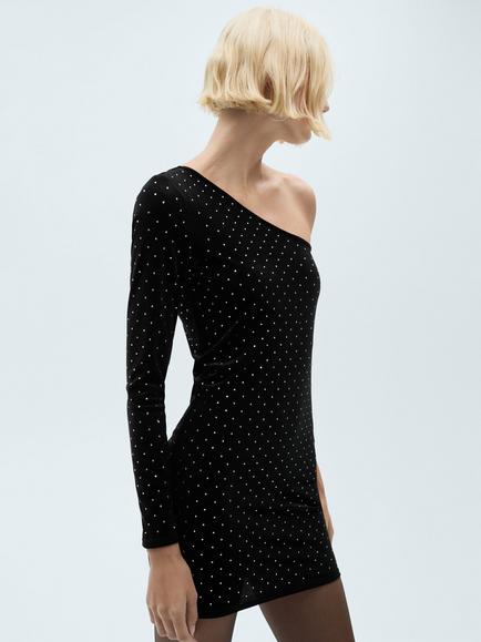 Mango Xtachi Rhinestone Asymmetric Mini Dress, Black, Black