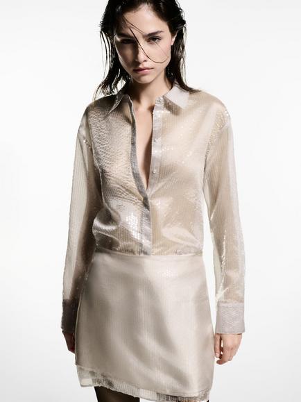 Mango Cristal Sequin Semi Sheer Shirt, Light Beige