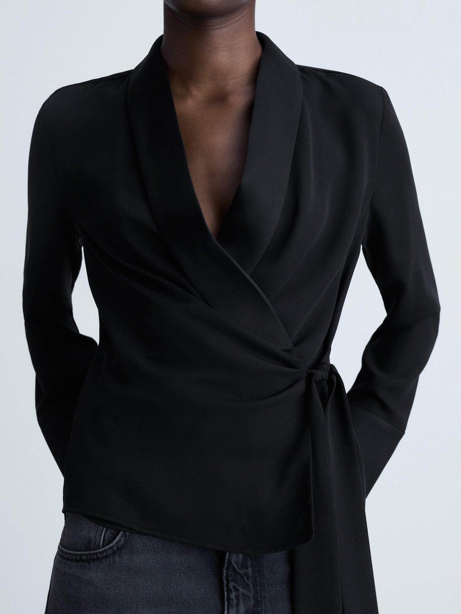Product image 1 of 8, which shows Mango Rider Satin Wrap Blouse, Black, 12