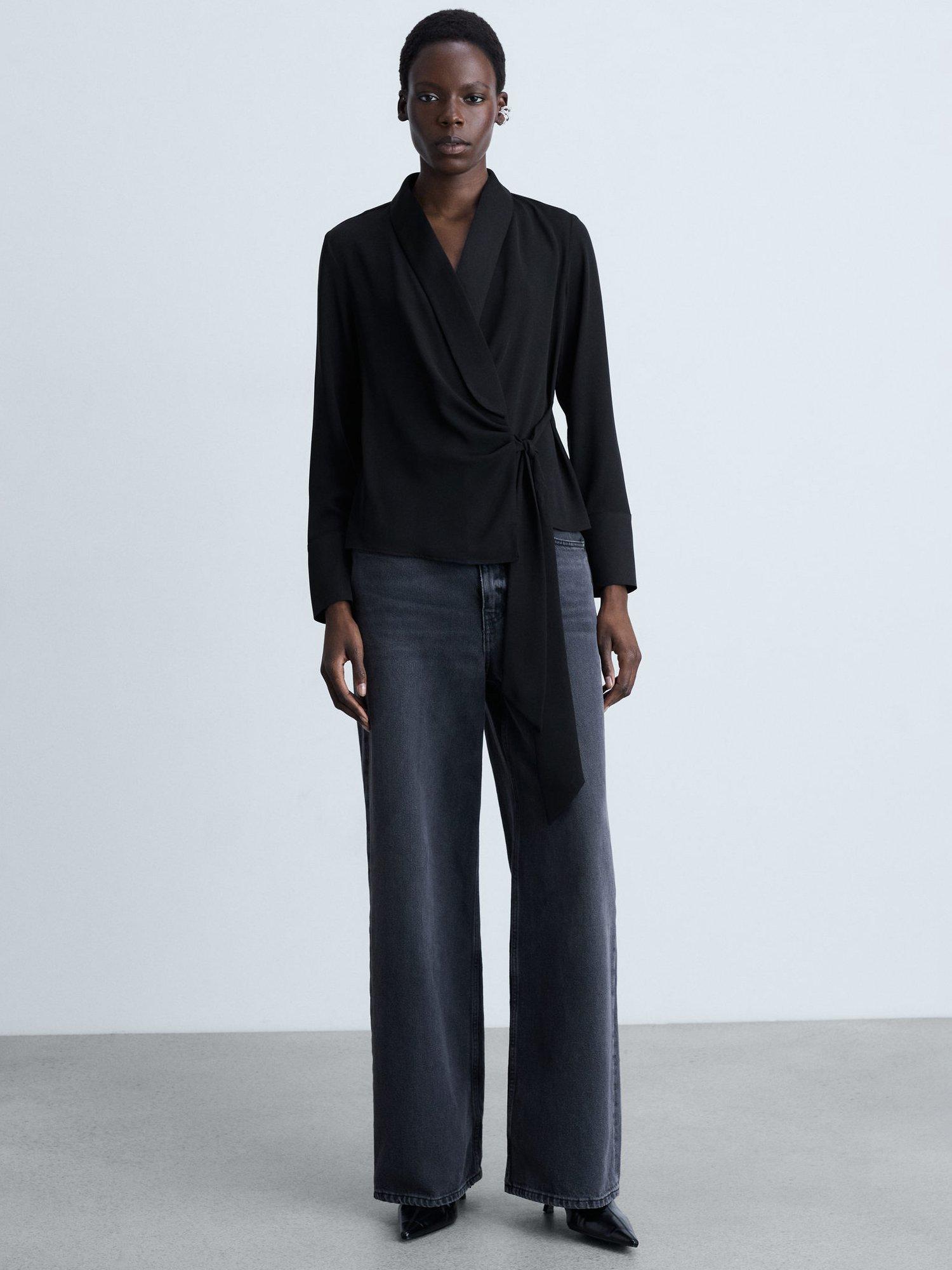 Product image 2 of 8, which shows Mango Rider Satin Wrap Blouse, Black, 12