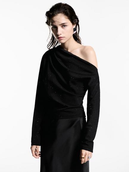 Mango Skin Pleat Asymmetric Sequin Top, Black, Black