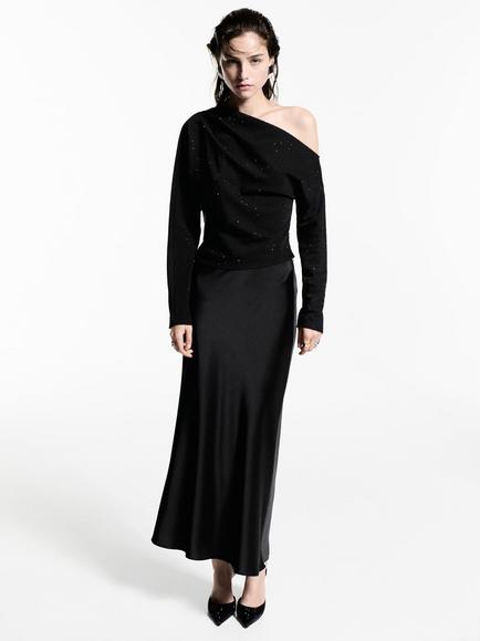 Mango Skin Pleat Asymmetric Sequin Top, Black - view 2, Black