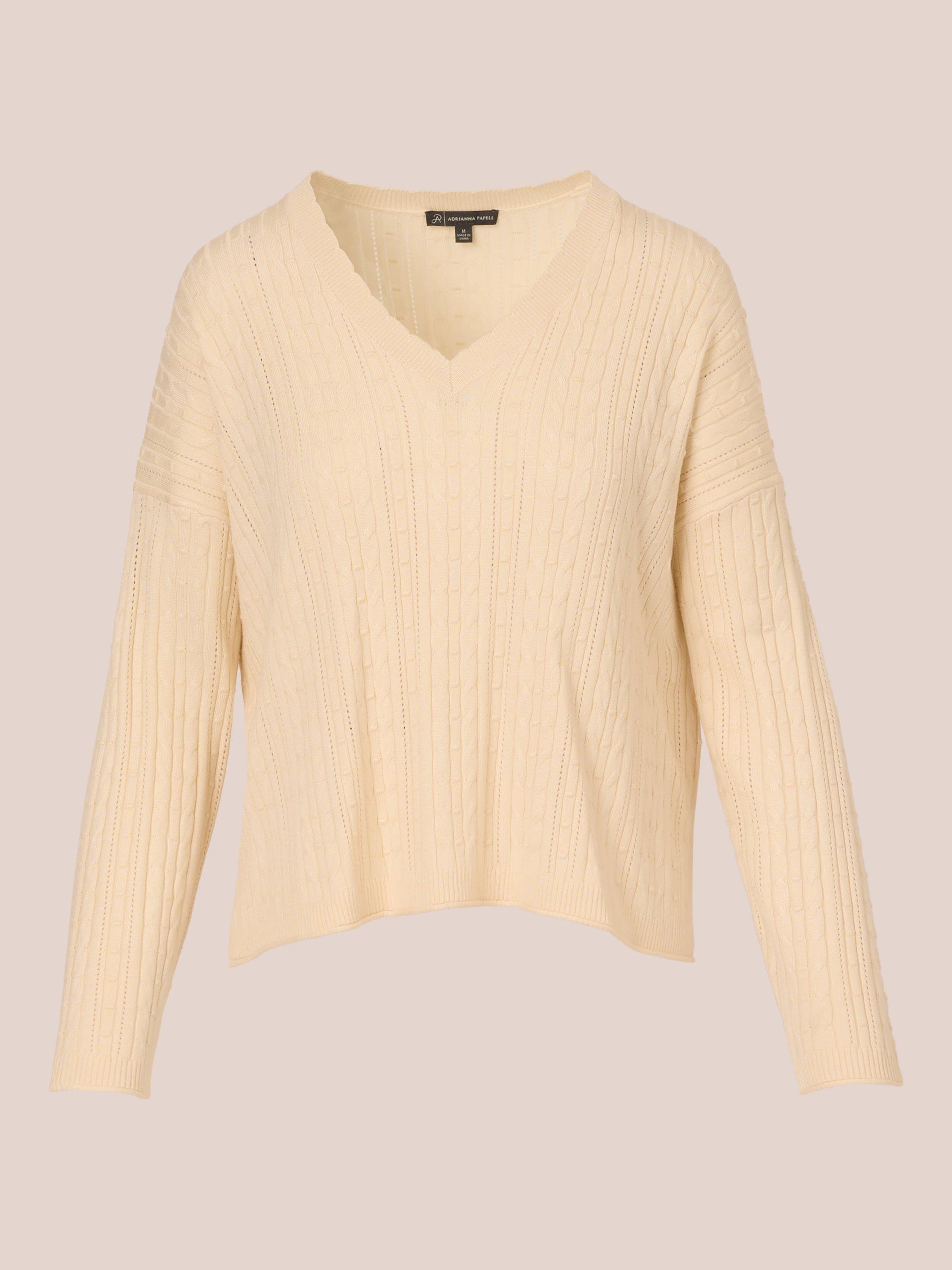Product image 6 of 7, which shows Adrianna Papell V-Neck Pointelle Jumper, Cream, XS