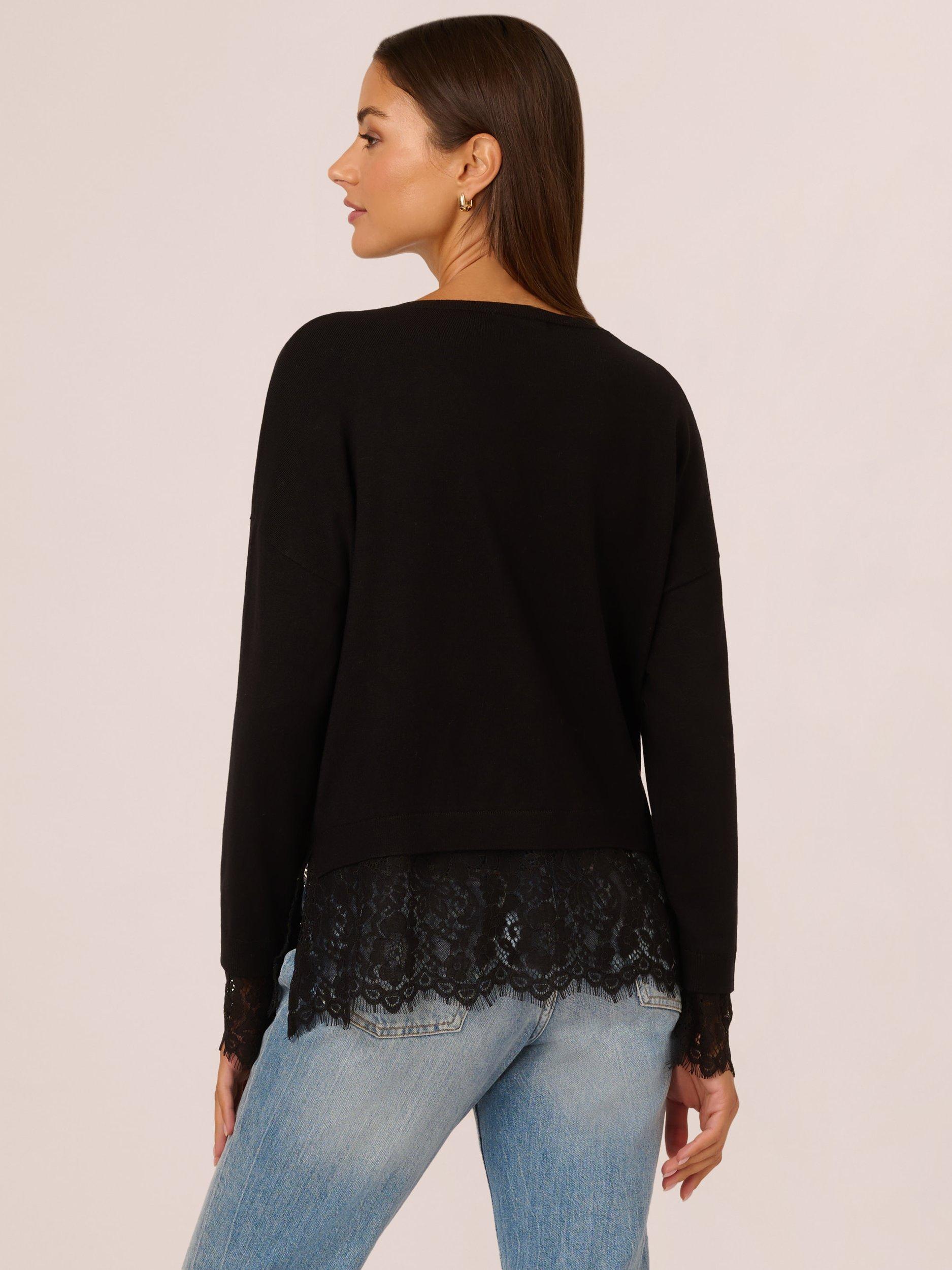 Product image 2 of 7, which shows Adrianna Papell V-Neck Lace Hem Jumper, Black, XS