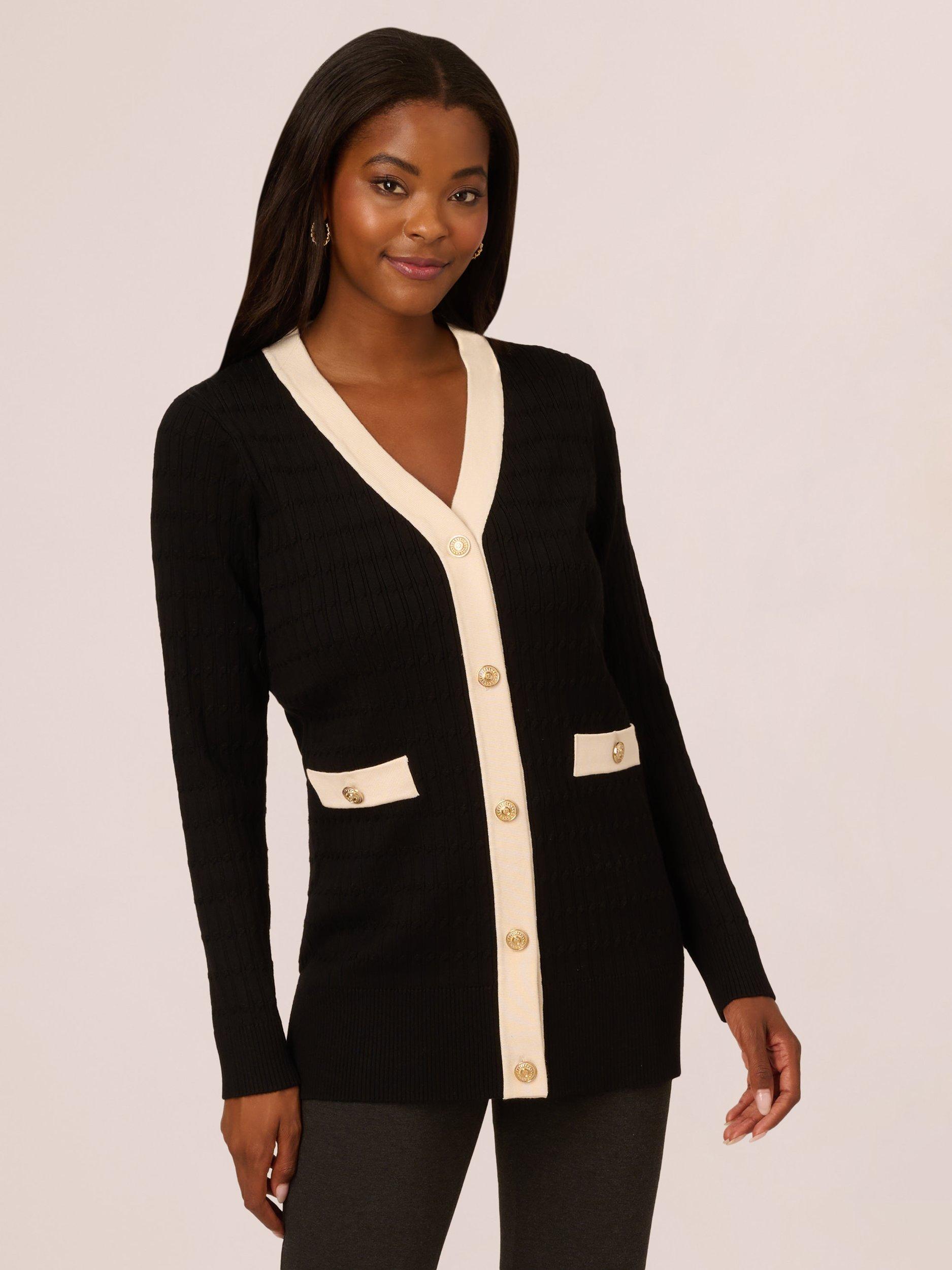 Adrianna Papell V-Neck Textured Cardigan, Black/Cream