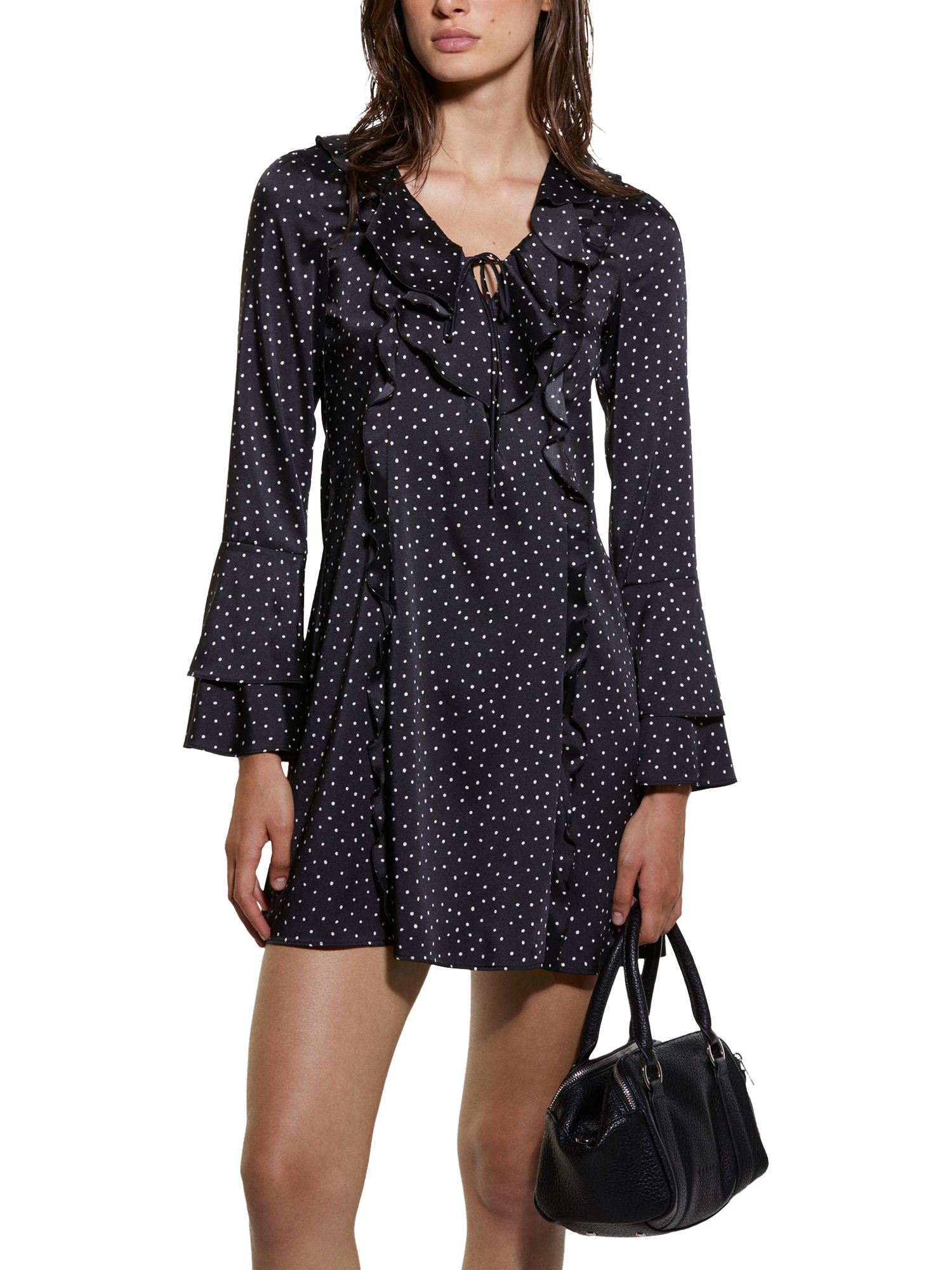 Product image 3 of 5, which shows SISLEY Polka Dot Drawstring V-Neck Mini Dress, Black, 10