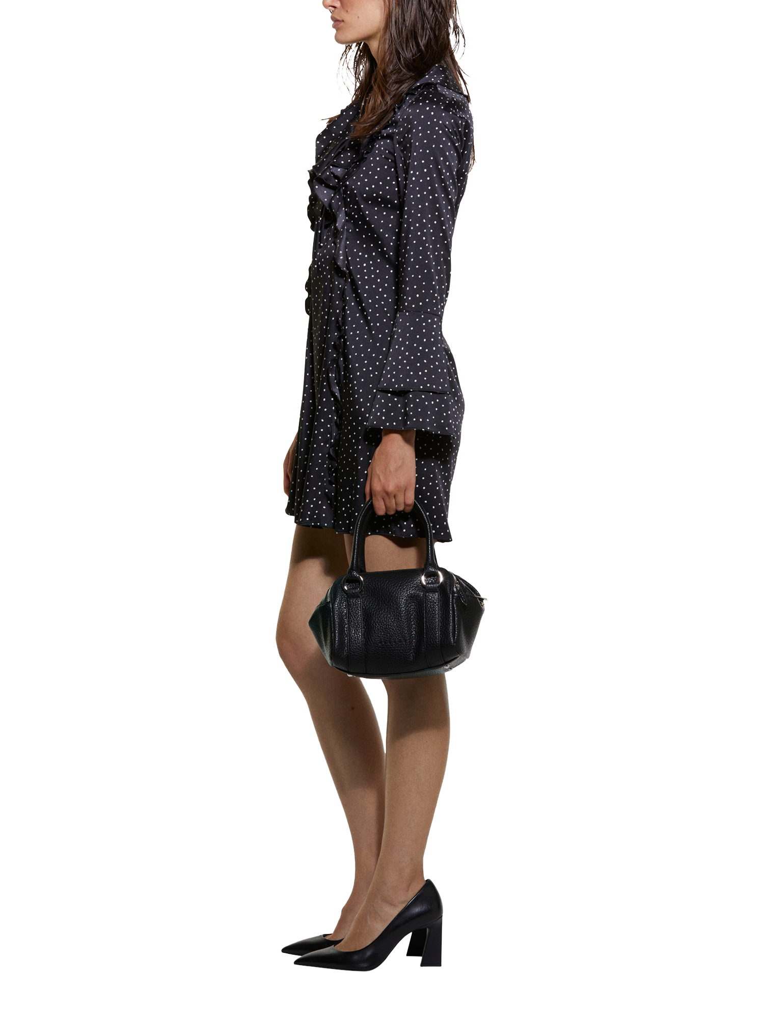 Product image 4 of 5, which shows SISLEY Polka Dot Drawstring V-Neck Mini Dress, Black, 10