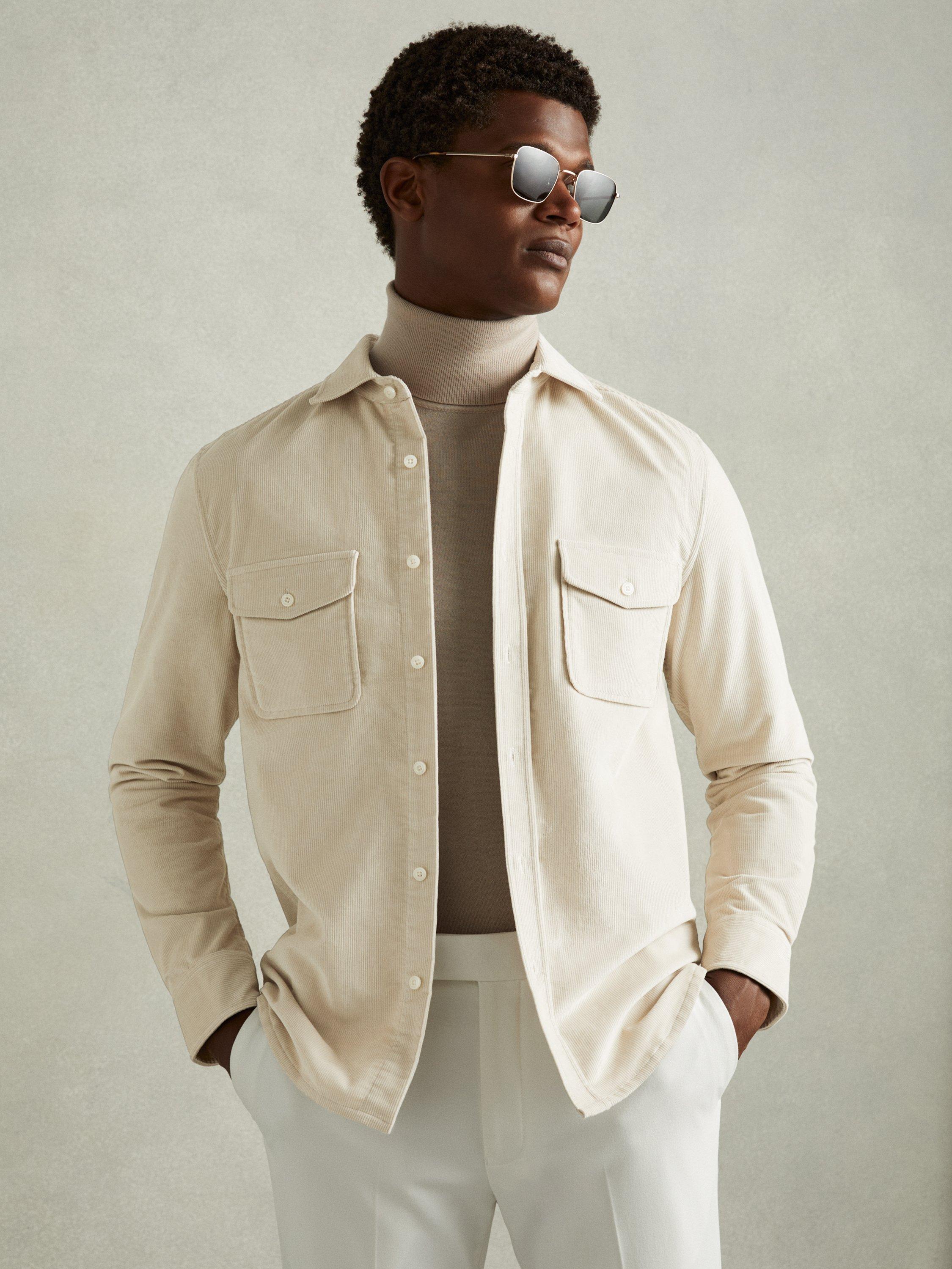 Product image 1 of 5, which shows Reiss Tucci Cotton Blend Corduroy Overshirt, Stone, XS