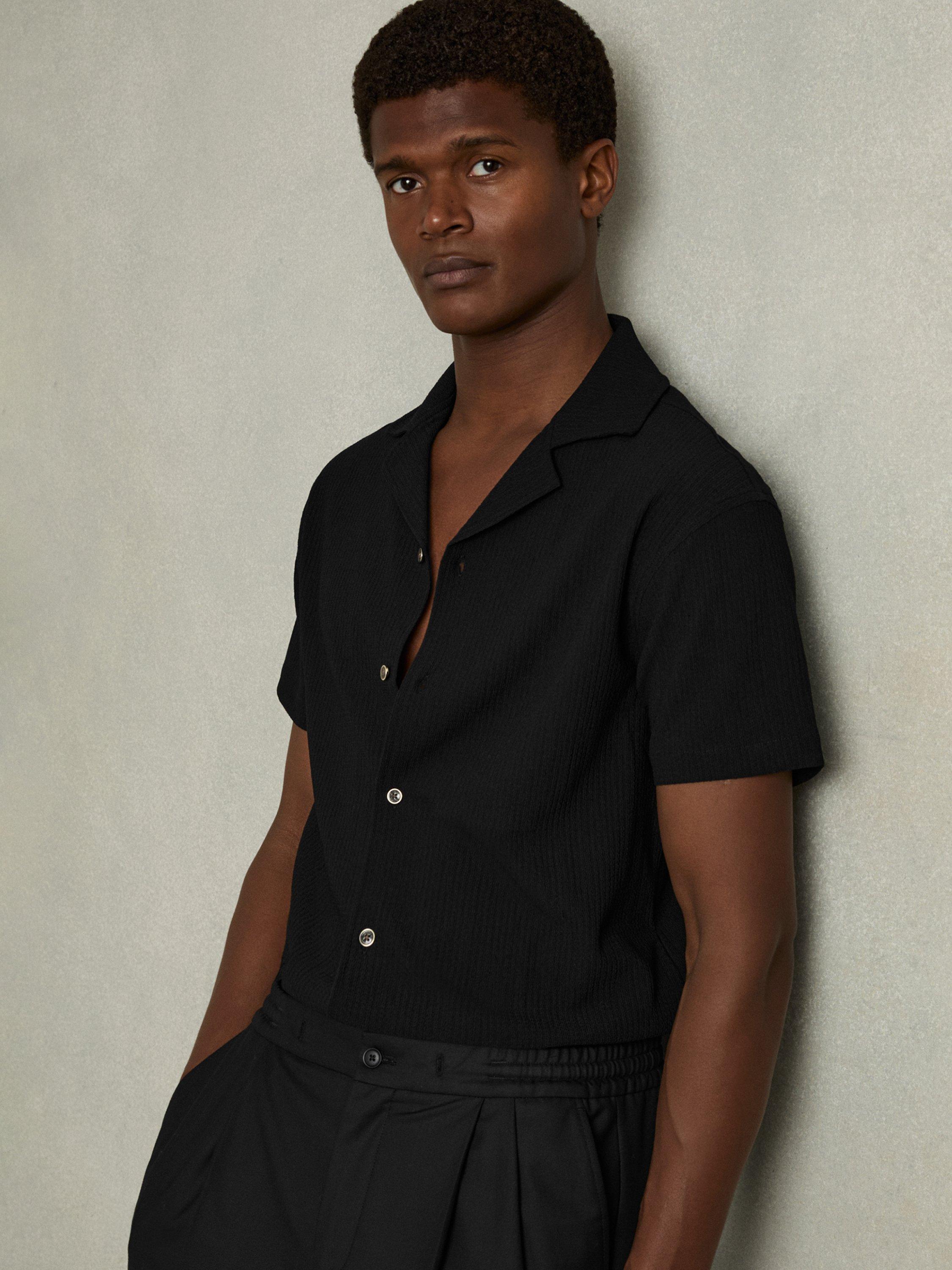 Product image 1 of 5, which shows Reiss Hunt Short Sleeve Textured Cuban Shirt, Black, S