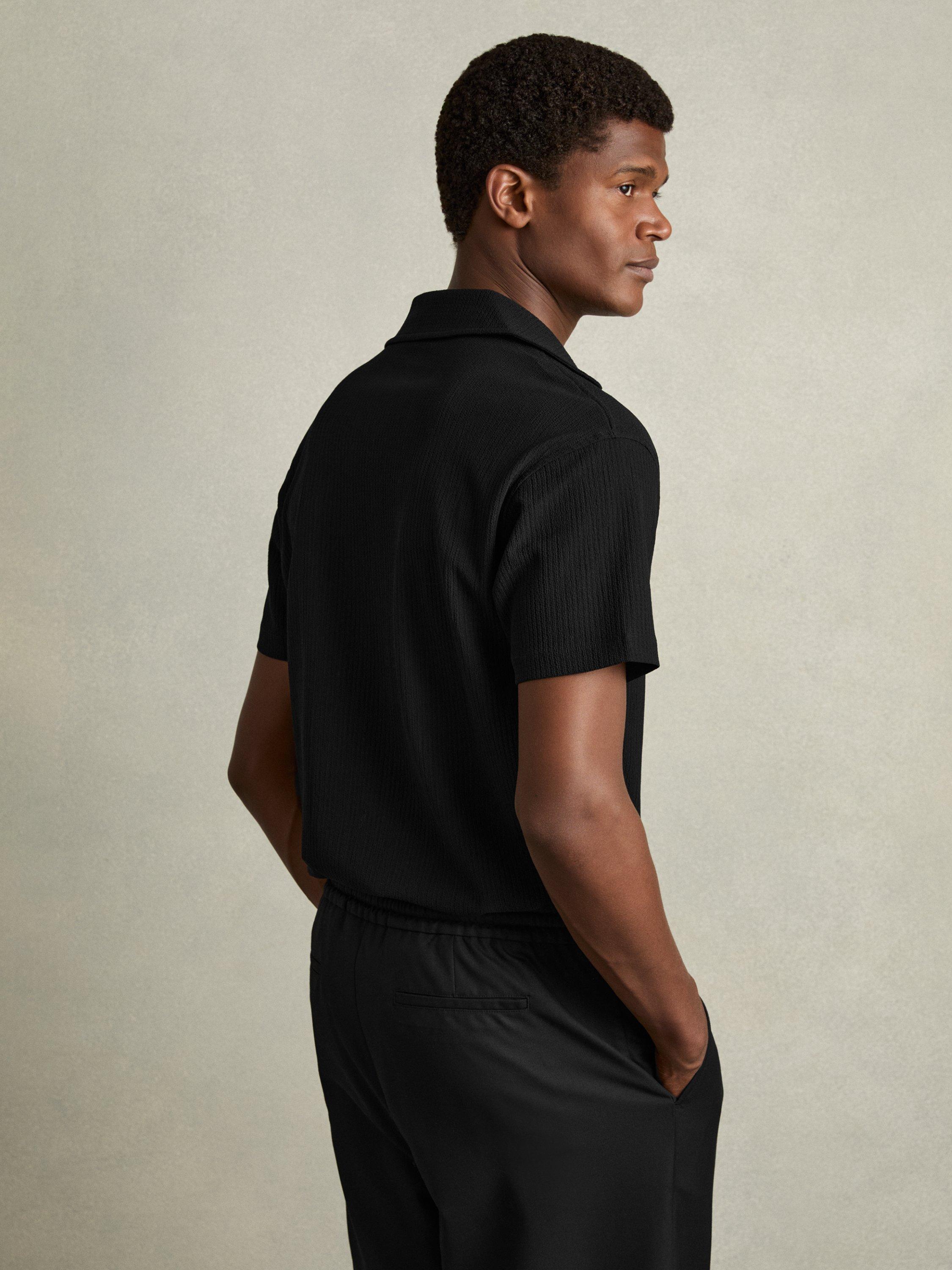 Product image 2 of 5, which shows Reiss Hunt Short Sleeve Textured Cuban Shirt, Black, S