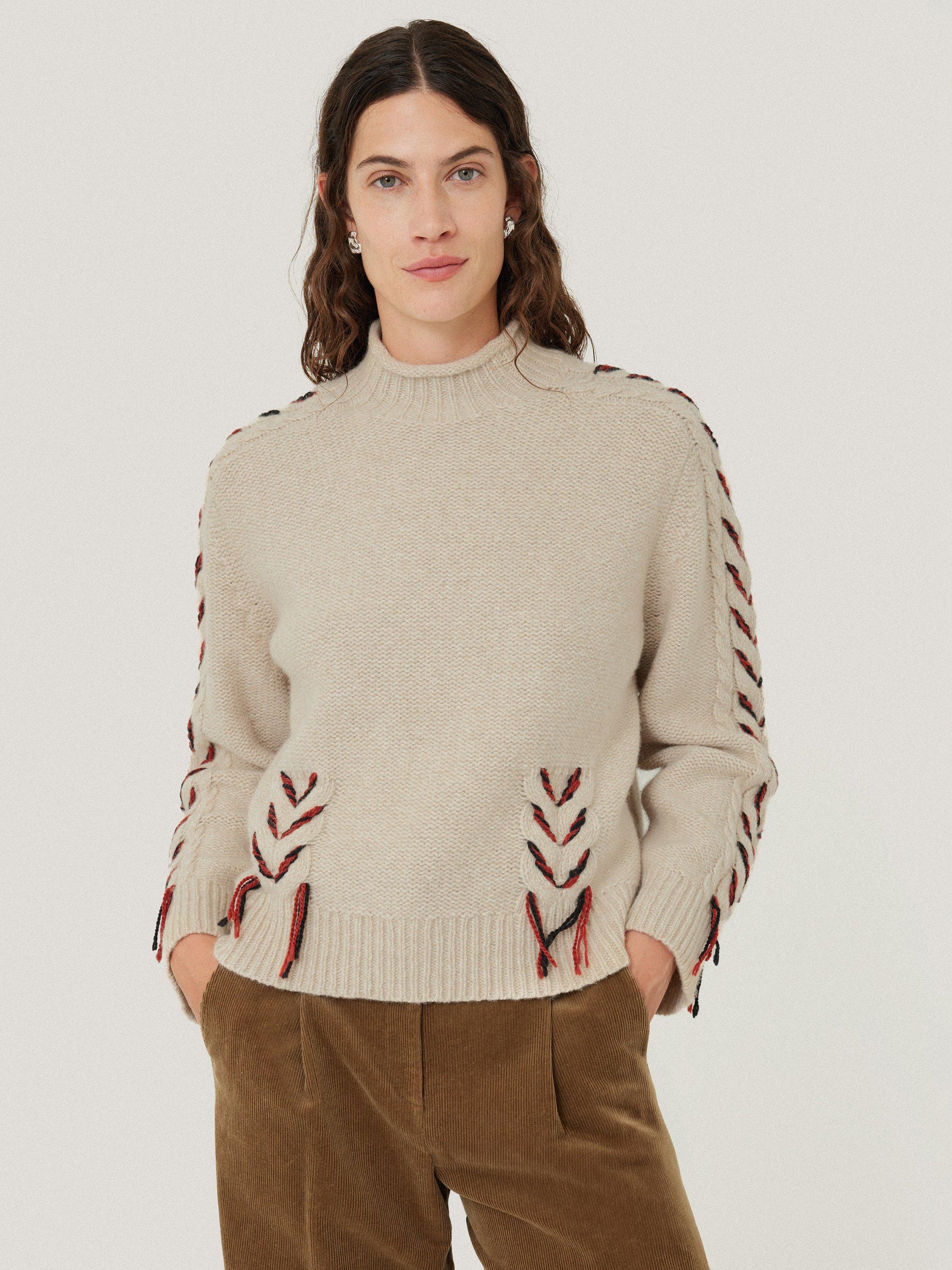 Product image 1 of 8, which shows Jigsaw Braided Cable Wool Rich Jumper, Cream/Multi, XL