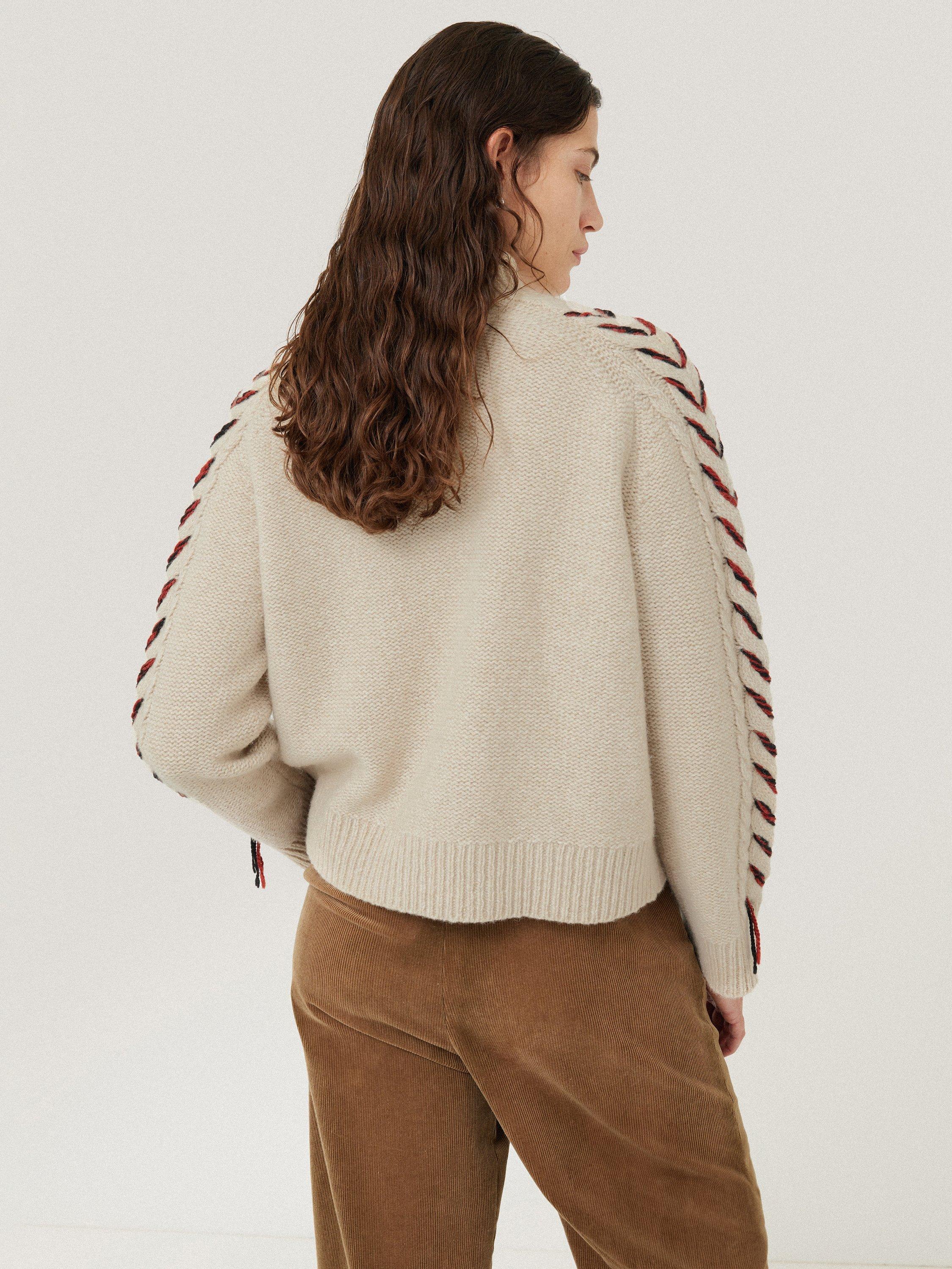 Product image 2 of 8, which shows Jigsaw Braided Cable Wool Rich Jumper, Cream/Multi, XL
