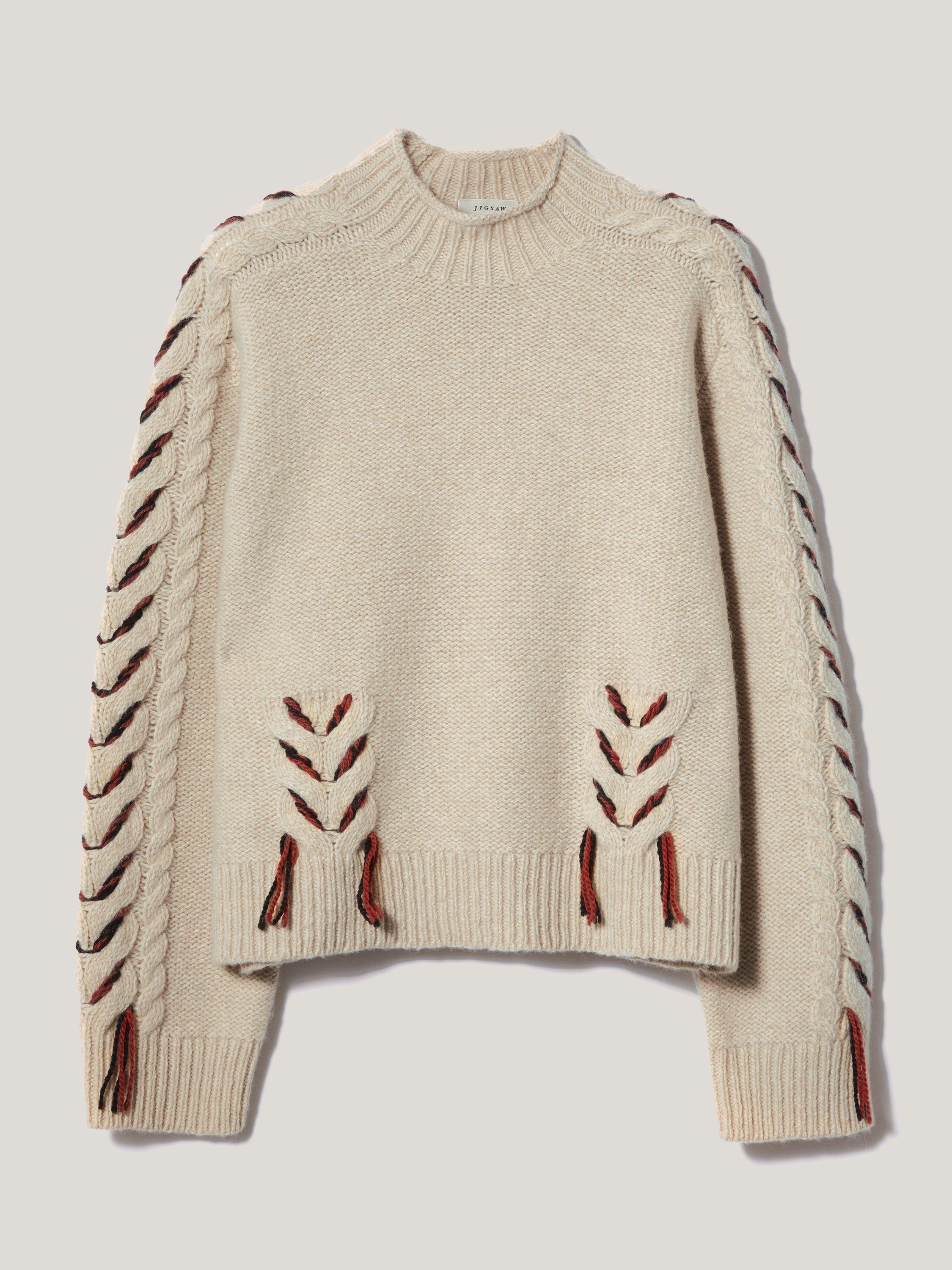 Product image 5 of 8, which shows Jigsaw Braided Cable Wool Rich Jumper, Cream/Multi, XL