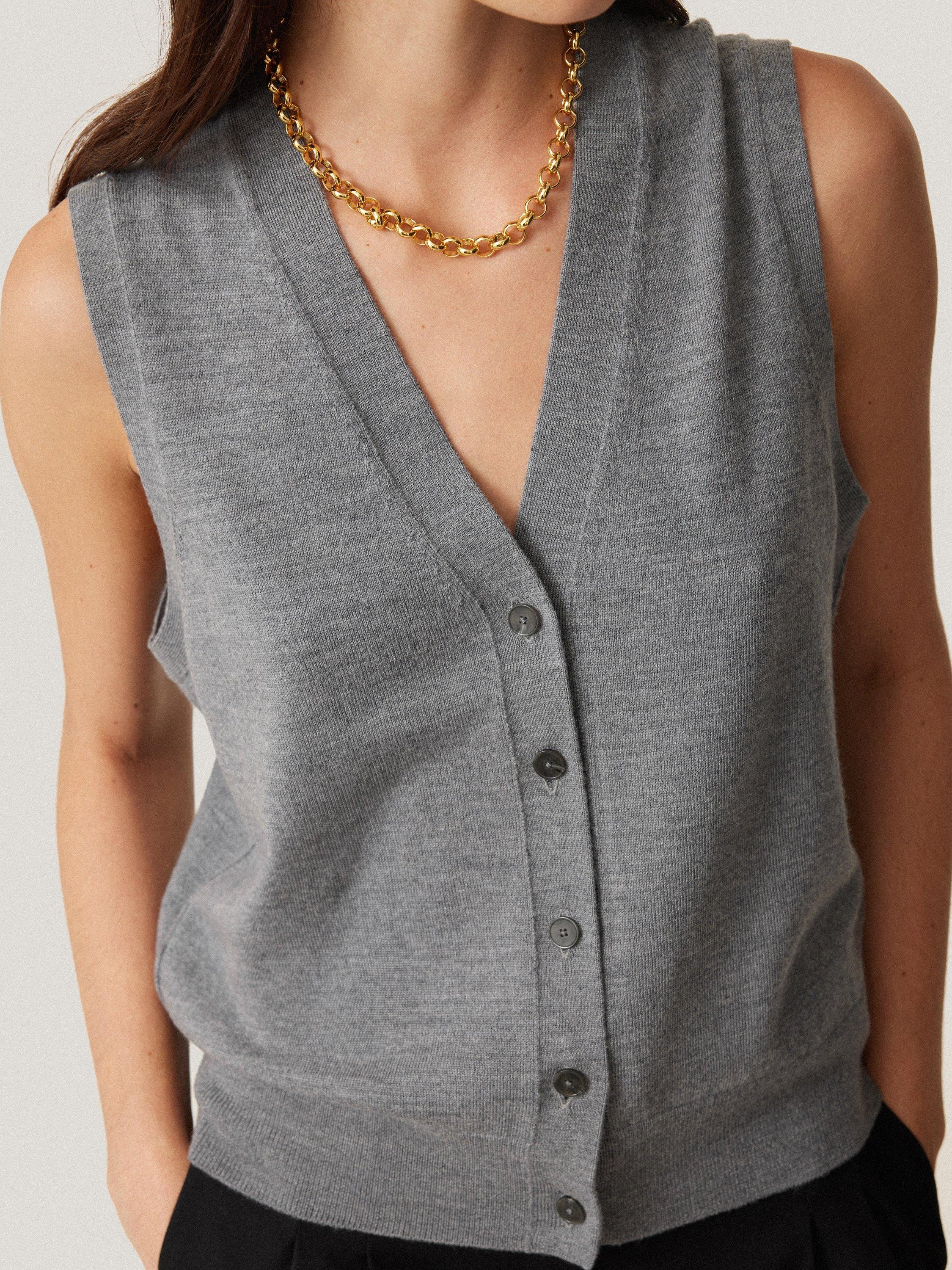 Jigsaw Button Lightweight Pure Merino Wool Waistcoat, Grey