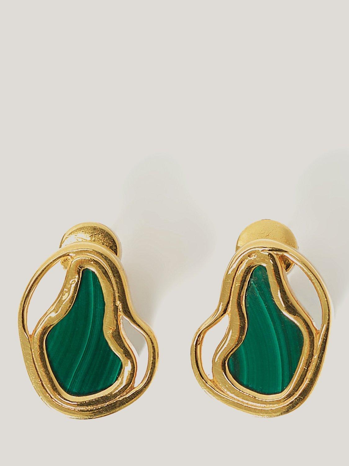 Jigsaw Stone Organic Shape Stud Earrings, Gold/Green